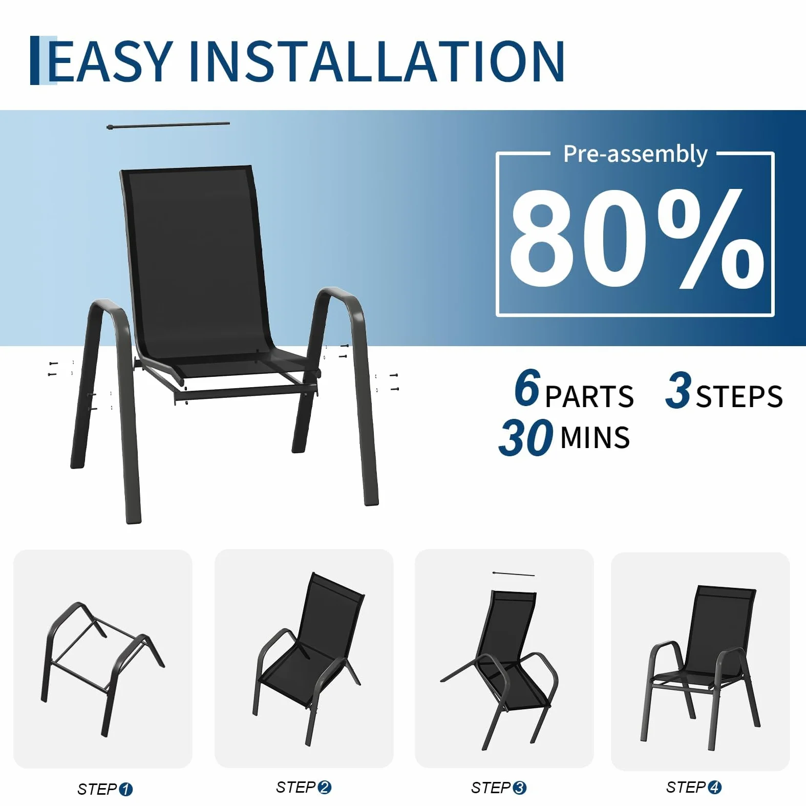 Litake Conjunto Sillas Jardin Exterior, 4 Sillas De Comedor para Exterior Metálicas, Soporte hasta 150 kg, Pintura Anticorrosiva, Tela Doble, Transpirables, Apilables, Estilo Clásico Sencillo,Negro