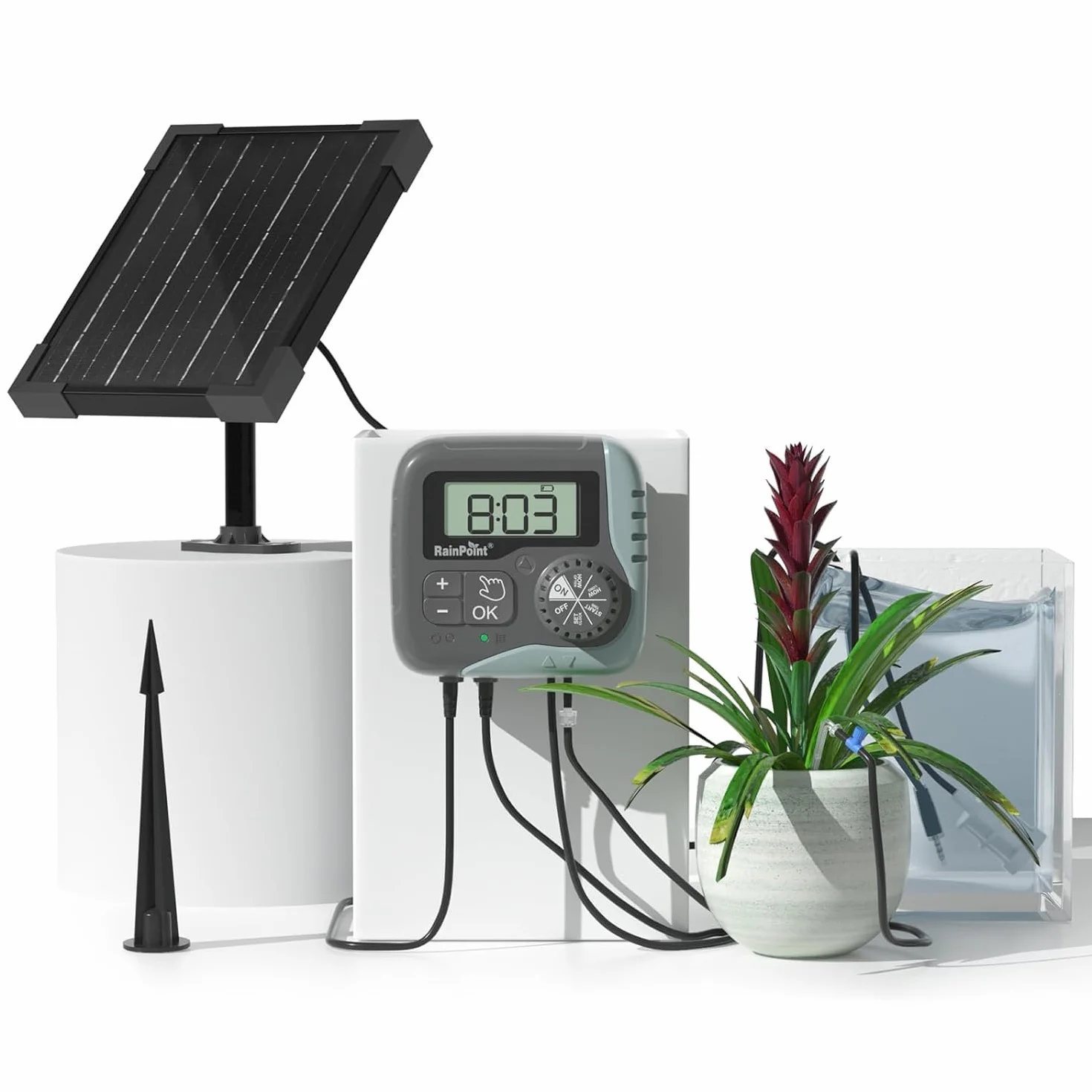 RAINPOINT Kit de Riego por Goteo Automático Solar, Sistema de Riego Automático de 45L/H con Bomba Programable, Batería de 2600mAh, para Macetas Vacaciones, Balcón, Jardín