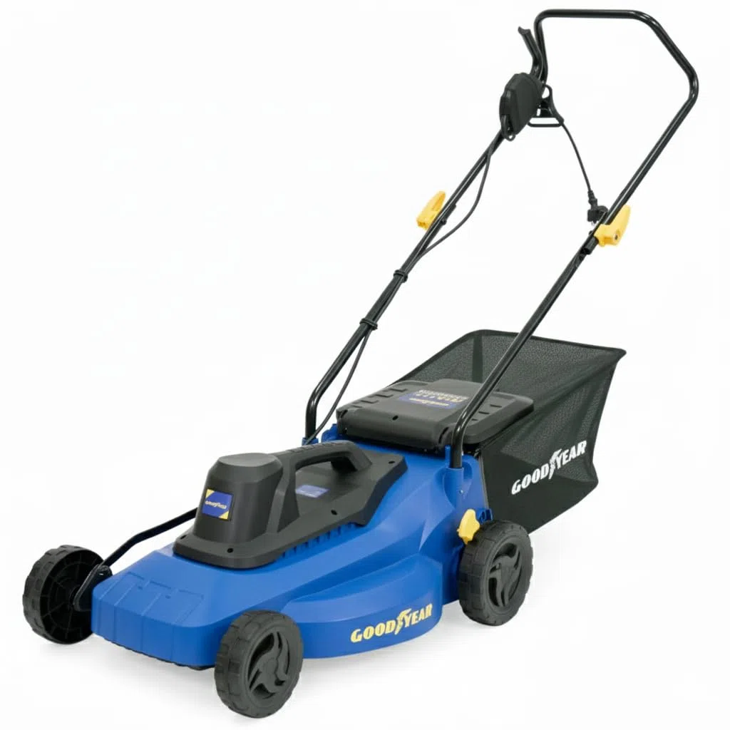 Goodyear - Cortacésped Eléctrico Rotativo 1800W, Ancho de Corte 40cm, Motor 3200 RPM, Segadora Eléctrica para Jardín hasta 300m², Altura Regulable y Bolsa de Recogida 35L, Ligero y Compacto