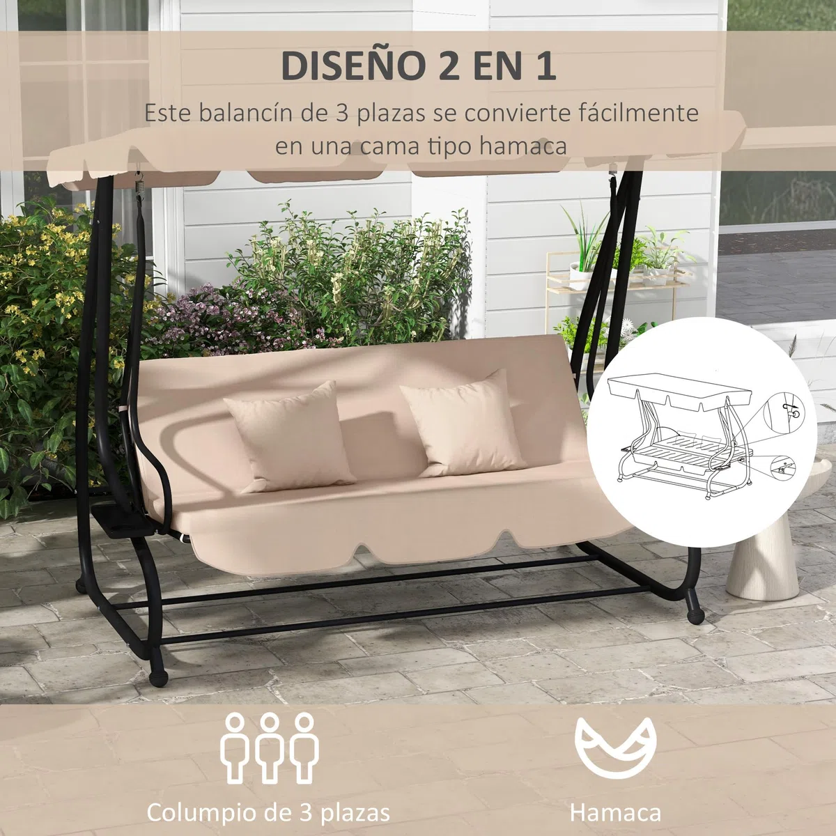 Outsunny Balancín de Jardín Exterior de 3 Plazas Columpio de Jardín Exterior Convertible en Cama 2 en 1 con Toldo Ajustable Soportes Laterales y 2 Almohadas Carga 340 kg 200x120x164 cm Arena
