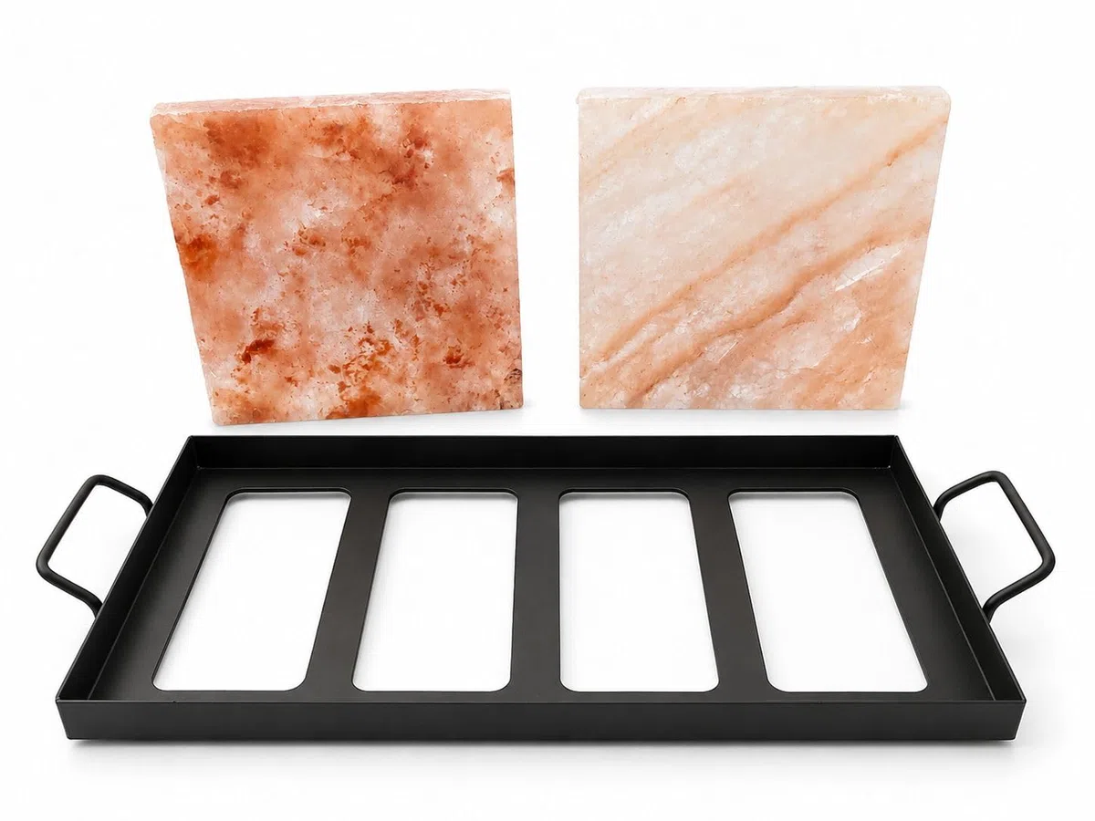 Himalaya Juego de placas de sal con soporte, 2 piedras de sal para barbacoa y servir, plato de sal natural para carne, pescado, camarones y barbacoa. Placa de parrilla de bloque de sal premium