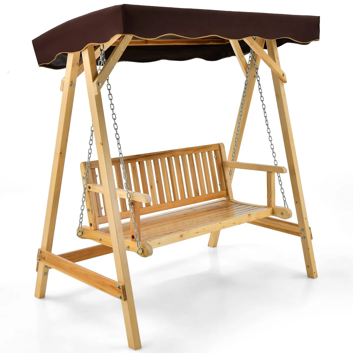 COSTWAY Columpio Balancin Jardin de Madera 2 Plazas,Toldo Ajustable, Silla de Madera de Columpio de Patio hasta 240kg, 175x106x182 cm, Porche, Patio Trasero, Balcón (con toldo)