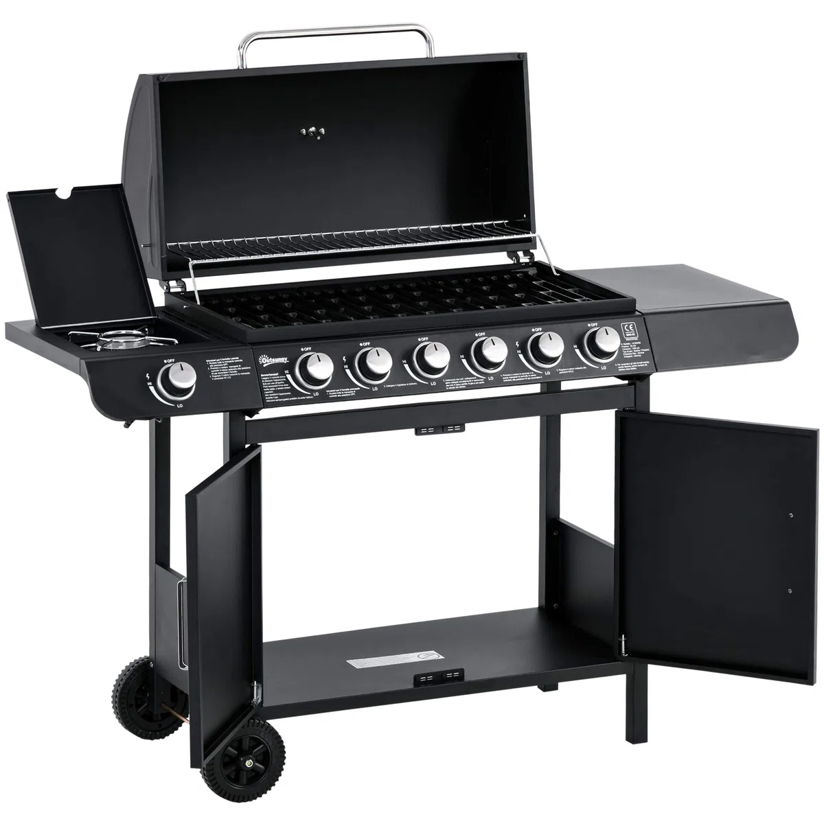 Outsunny Barbacoa de Gas Carro Barbacoa con 6 quemadores 1 Quemador Lateral Armario Multifunción Metal Negro 135 x 50 x 100 cm
