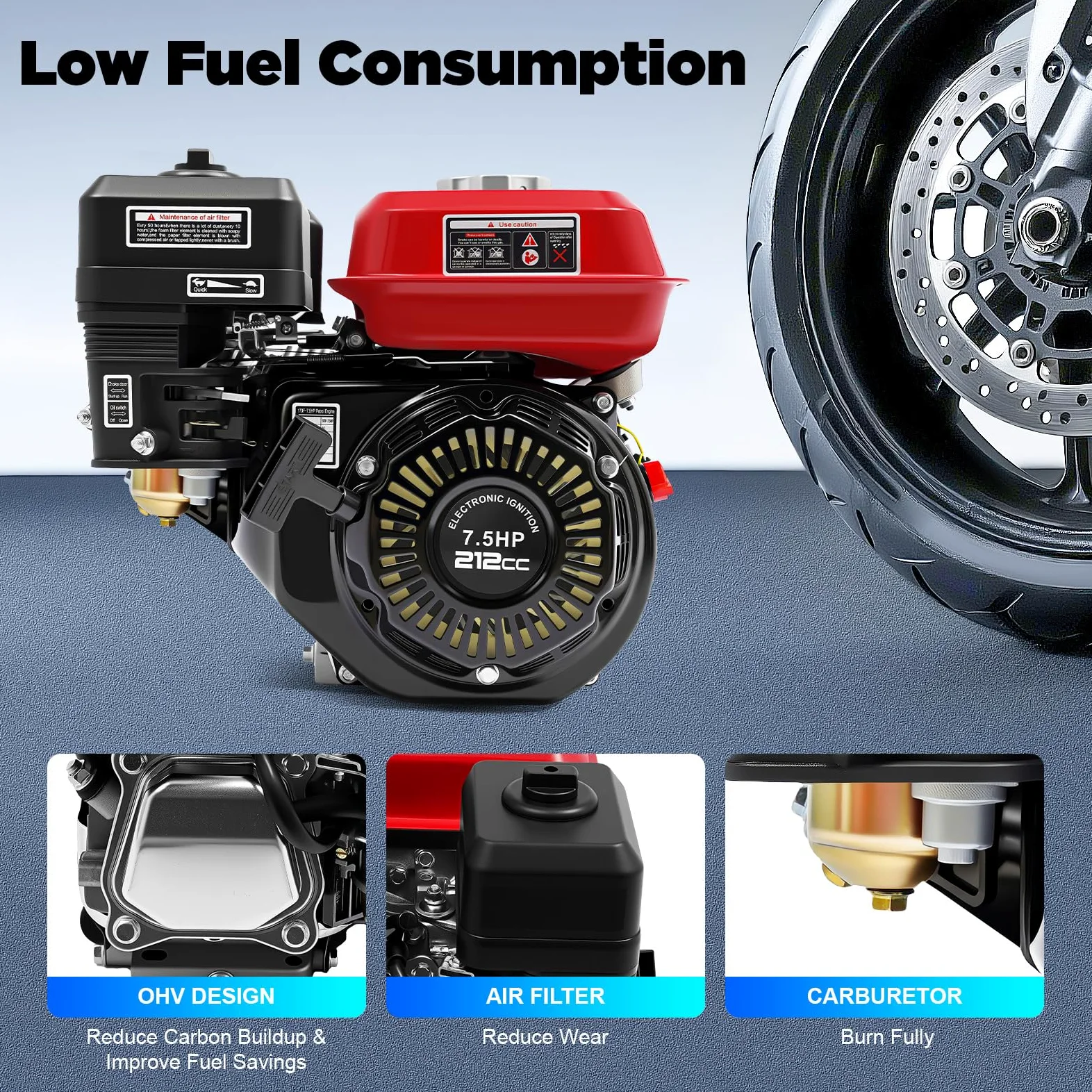 Motor de cuatro tiempos, 4000W, 7.5HP, 3600rpm motor gasolina, motor industrial de 4 tiempos, motor de 1 cilindro con eje de 20 mm de diámetro, alarma de aceite, OHV, eje horizontal
