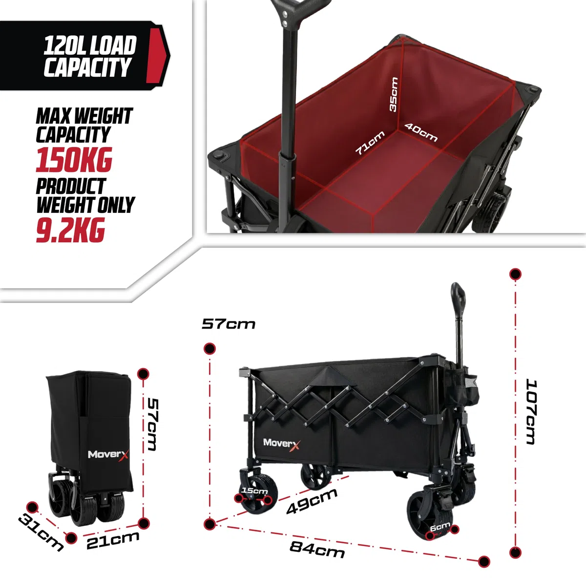 MoverX Carrito de festival de 120 litros, plegable, para camping, playa, al aire libre, jardín, picnic, compras, pesca, ruedas anchas, mango