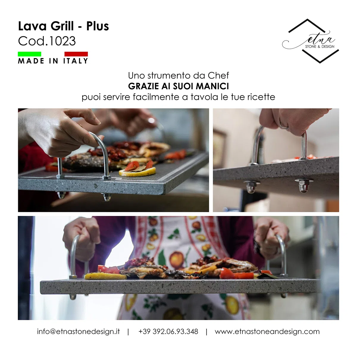 Lava Grill Plus L 60 x 30 cm _ parrilla con asas piedra volcánica étnica placa nivelada para horno y barbacoa de cocina Carne, pescado, verduras y pizza Etna Stone & Design