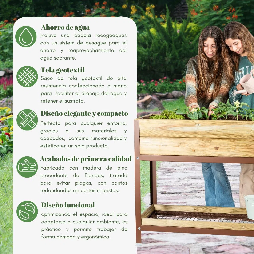 Jardinera Arriate Madera con Bandeja Recoge Aguas | Estructura Metálica | Mesa Cultivar Plantas Terraza Jardín Balcón Exterior | Verde | HUERTO BAJO - 90x60x38 cm