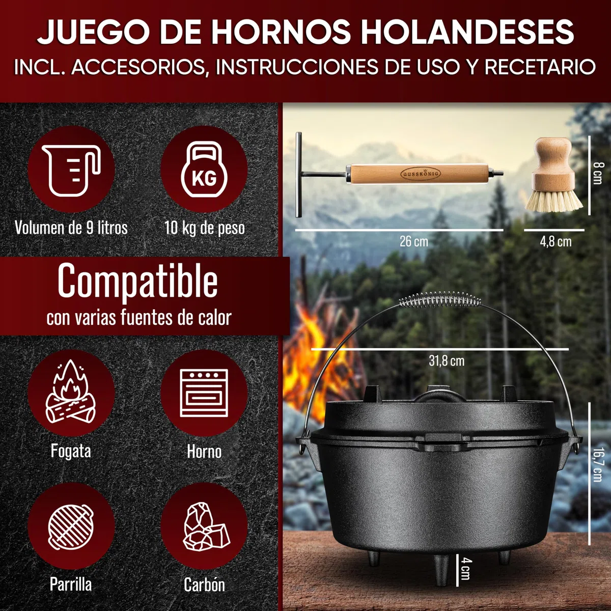 GUSSKÖNIG Olla de Hierro Fundido 9L – Cocotte con Pies para Cocción Lenta – Doble Función: Asado y Guisos – Incluye Levantador de Tapa 2 en 1, Cepillo y Recetario (4-7 Personas)