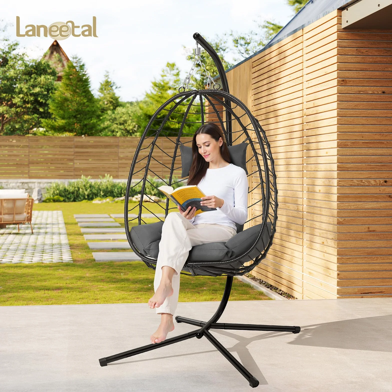 Laneetal Silla Colgante, Silla Huevo con Soporte, Columpio con Cojín y Reposacabezas, Carga 150 kg, PE Aspecto Ratán, Estructura de Metal, para Jardín Patio Terraza 102x100x196 cm, Gris Oscuro