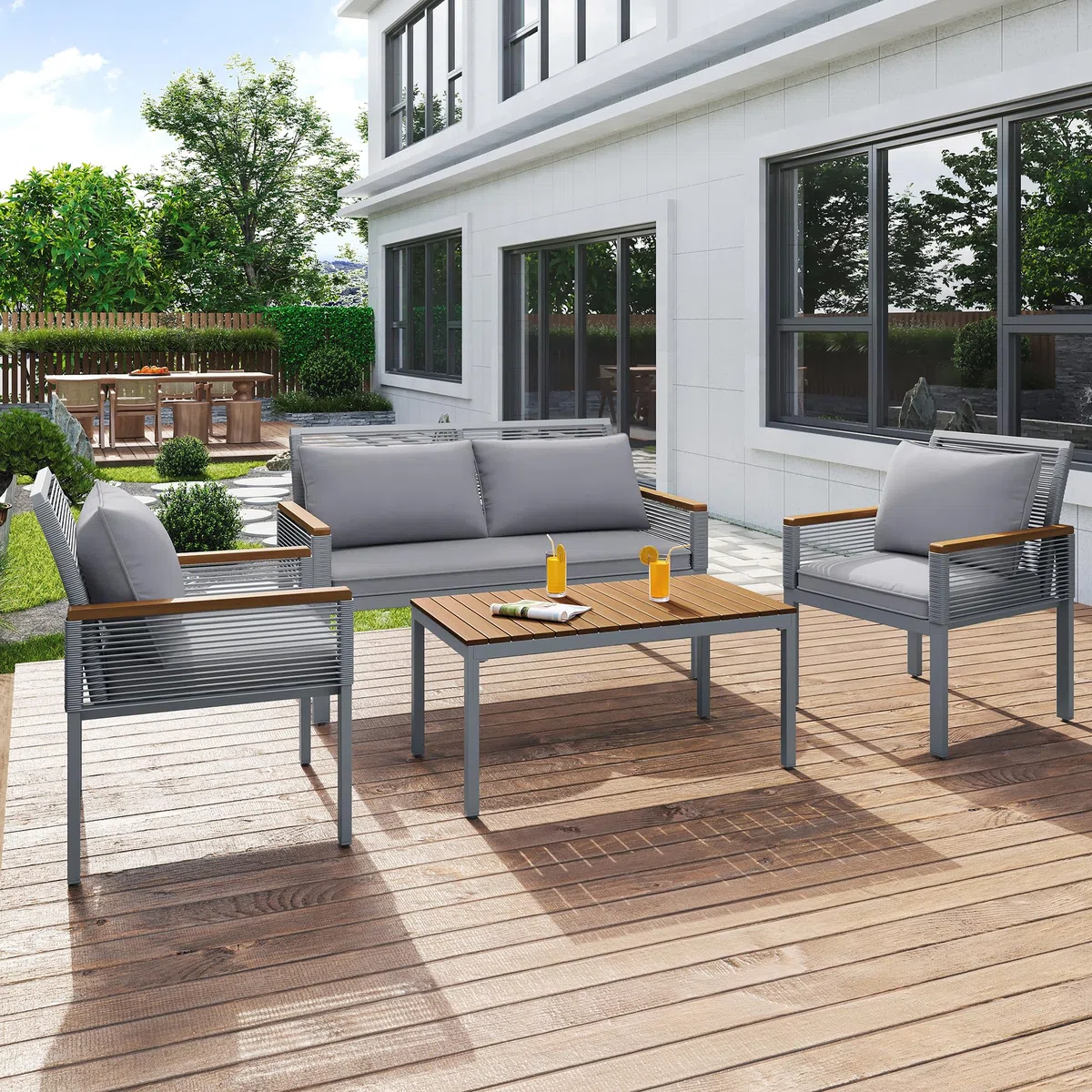Conjunto jardín Exterior de ratán, Mueble de Jardín 4 Piezas, Conjunto Terraza de Muebles de balcón Lounge para 4 Personas, Exterior Muebles de Patio con sofá Doble, 2 sillones y Mesa (Gris)