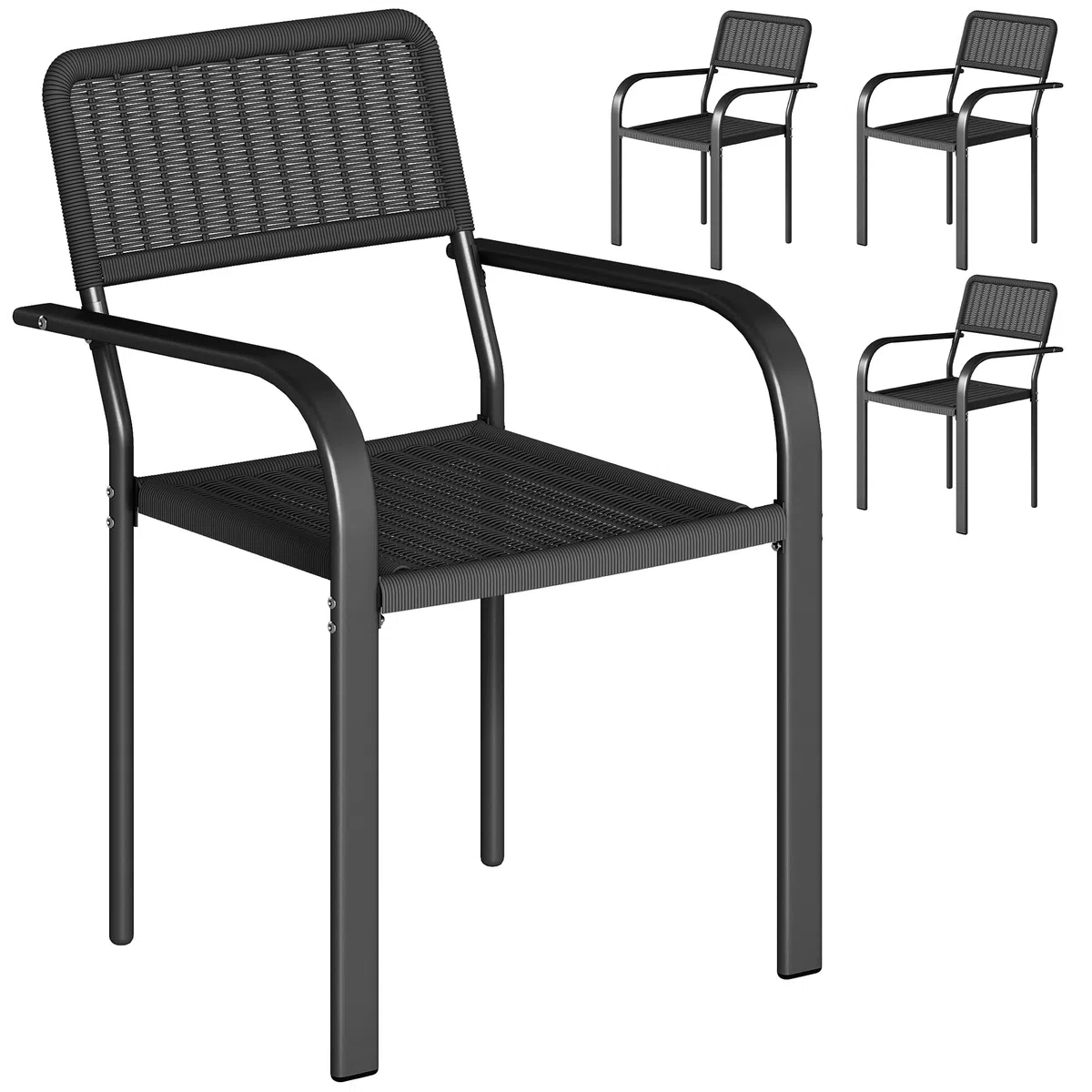 Outsunny Juego de 4 Sillas de Jardín Exterior Apilables, Sillas de Comedor Exterior Efecto Ratán, con Reposabrazos, Marco de Acero, Resistente a la Intemperie y Ligero, 55x60x83 cm, Negro