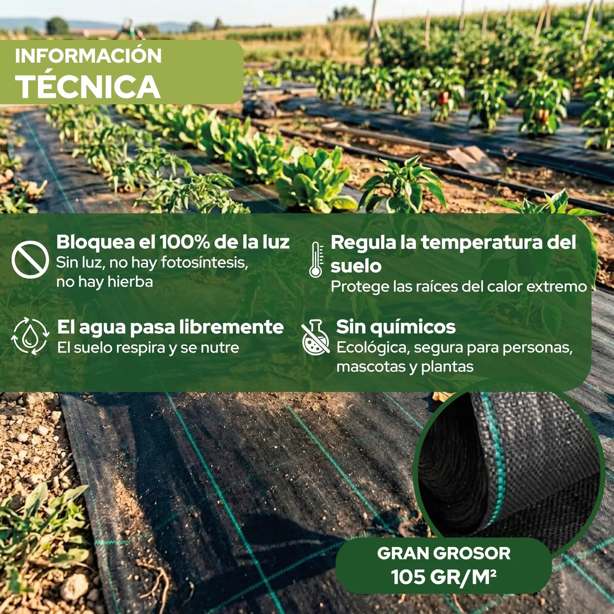 Control Garden Malla Antihierbas 2 x 100 m Groso 105gr | Malla Anti Malas Hierbas y Maleza para Jardín, Huerto, Cesped | Lona Antigerminante Transpirable, Permeable y Resistente