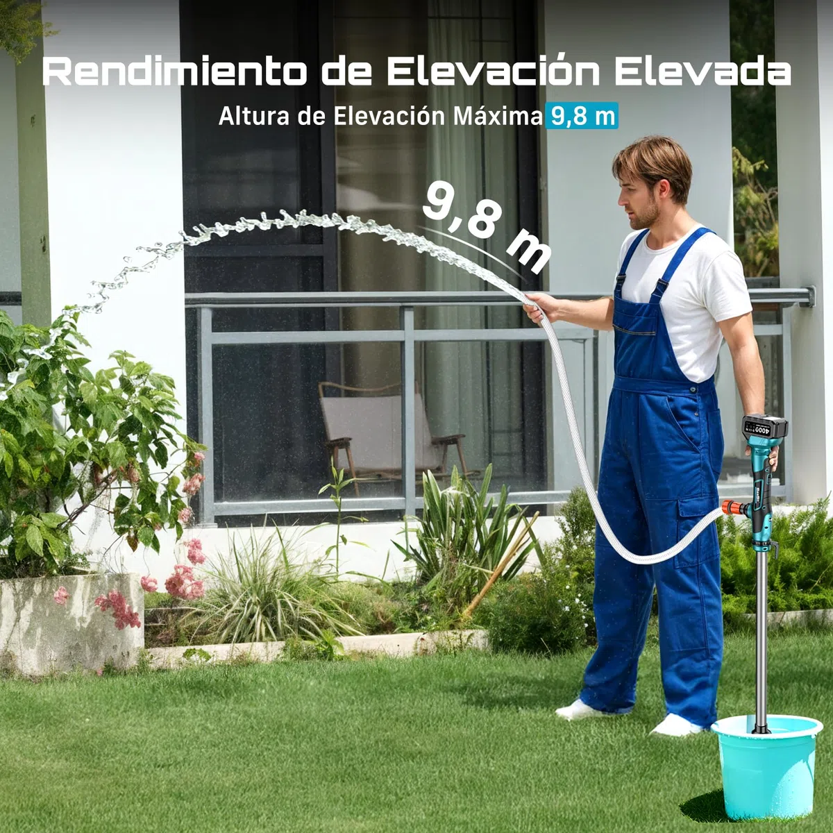 SEESII Bomba de agua inalámbrica en bastón, batería 4000 mAh 21V, 720 GPH, elevación 32 pies, salida 3/4". Ideal para drenaje de piscinas, jardines, estanques, RV y barcos. Ligera y portátil