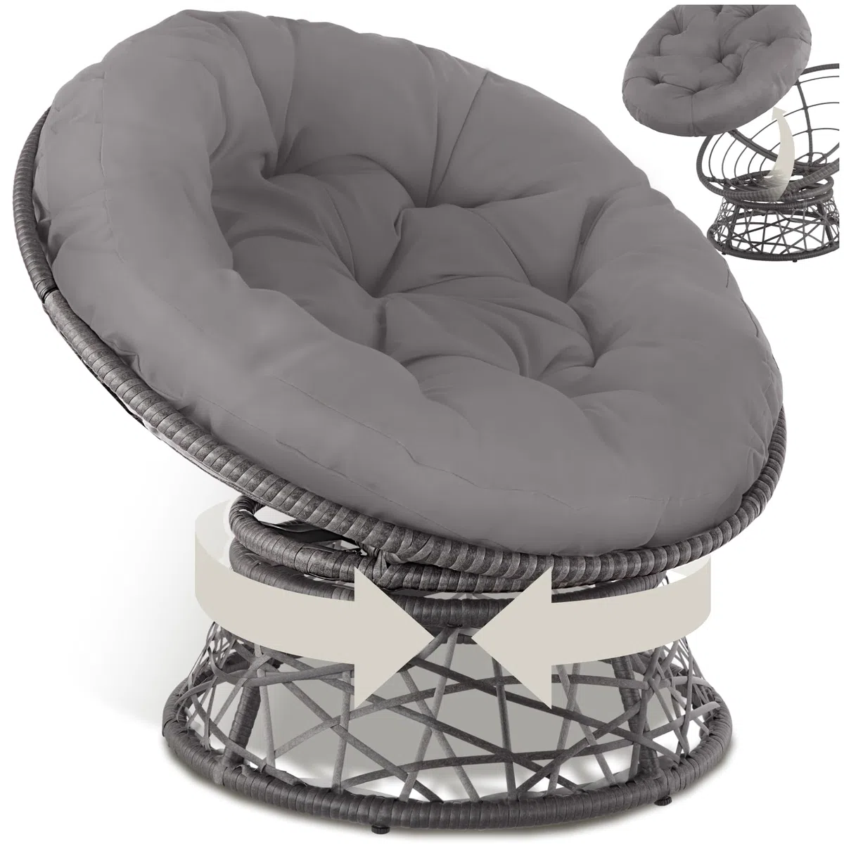 tectake® Sillón de Ratán y Acero en Forma de Cuenco, Giratorio, Muebles Jardín Exterior Resistentes a Intemperie, Sillón para Conjunto Jardín Exterior, Cojín Grande y Mullido, Altura Ajustable - Gris