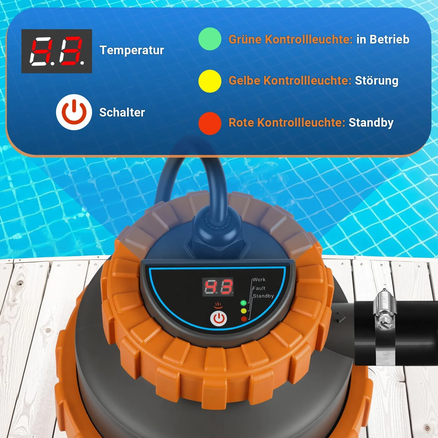 Calentador eléctrico para piscinas, diámetro de 29 x 42 cm, calefacción de piscina, calefacción de piscina, eléctrica para la mayoría de las piscinas pequeñas, protección contra fugas