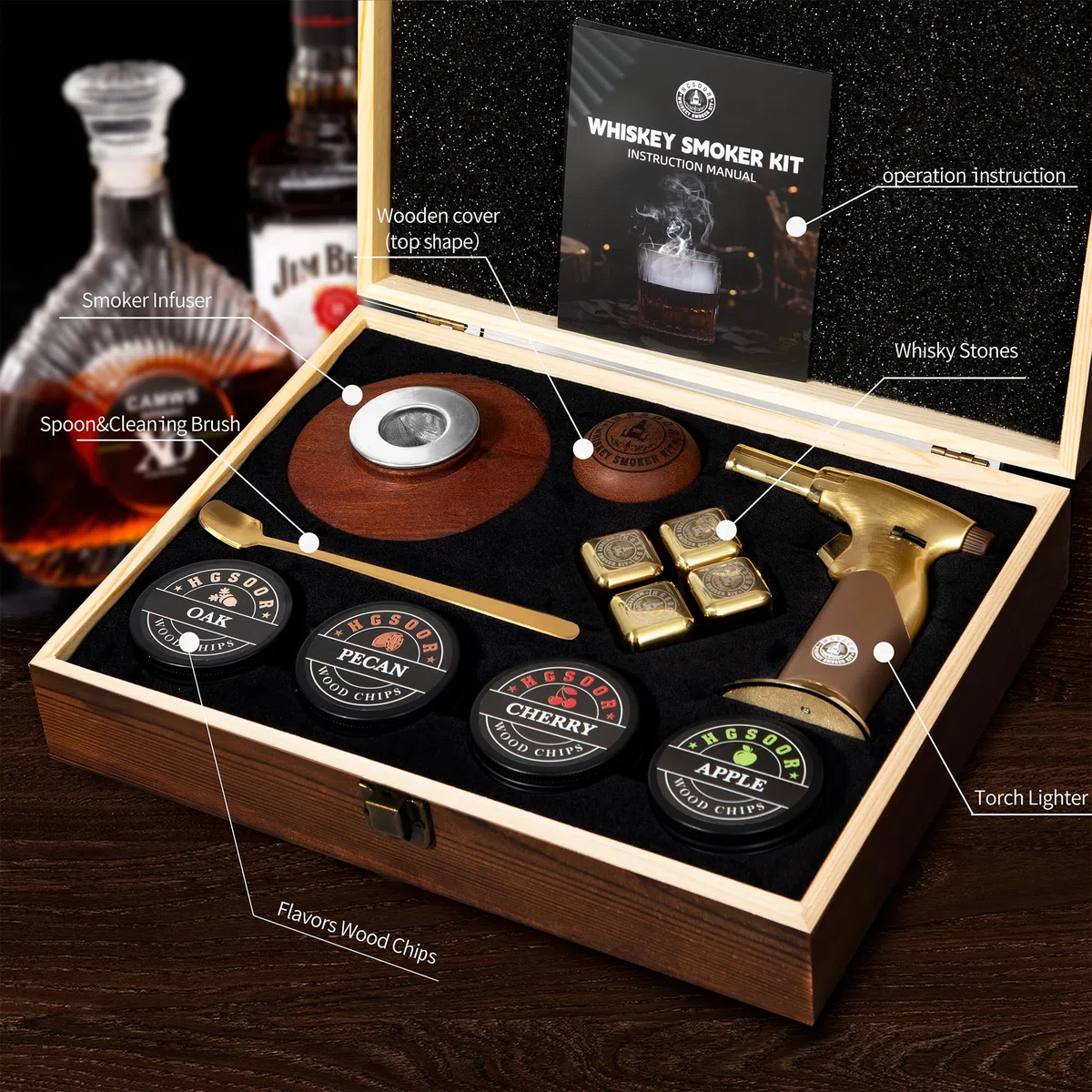Kit de ahumador de whisky, kit de ahumador de bebidas antiguas, kit de ahumador de cóctel con linterna, 4 sabores de chips de madera y piedras de whisky, kit de ahumador de bourbon, regalos de