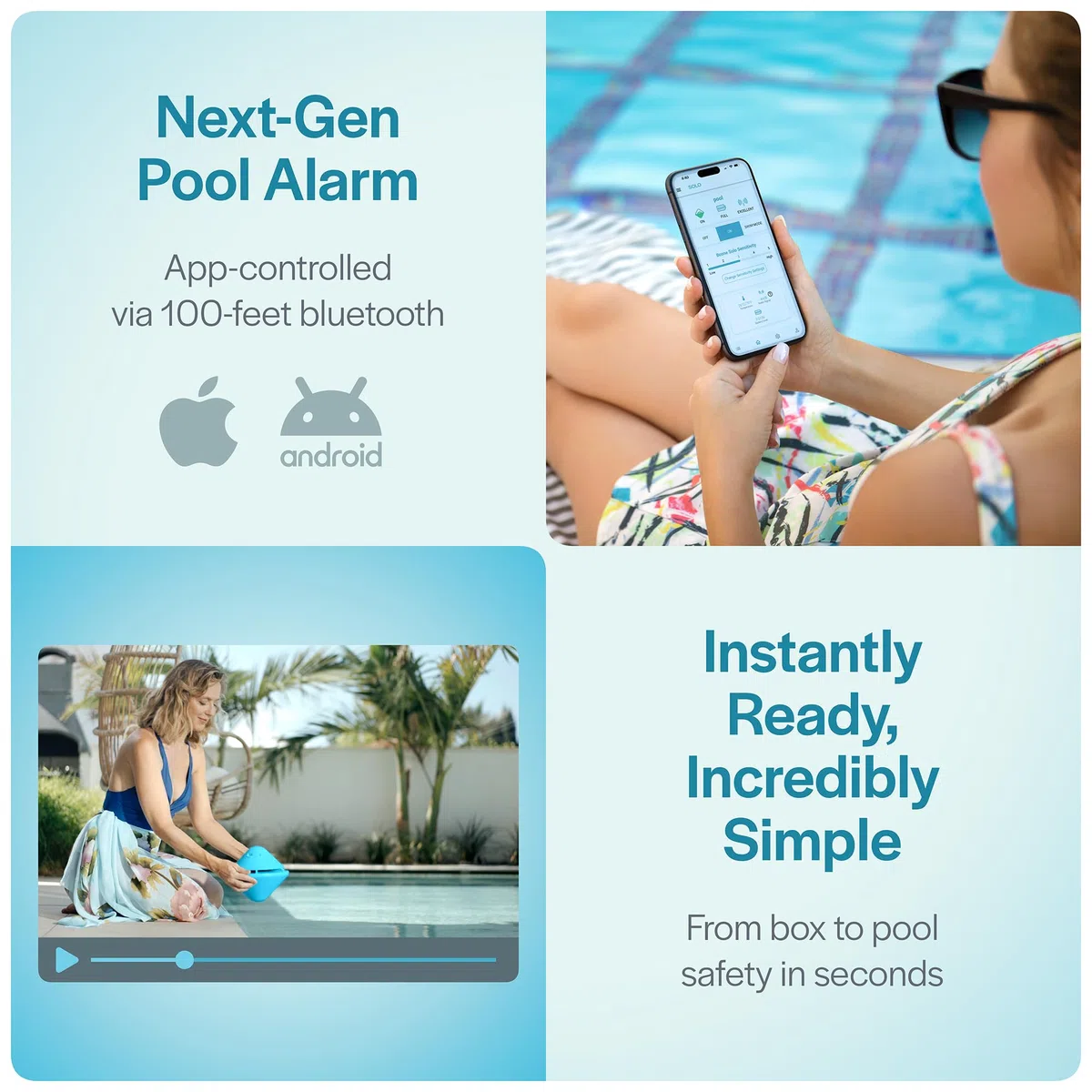 Alarma de Piscina Solo, Alarma Smart Pool con App Bluetooth, para Piscinas Fuera de Tierra y En-Tierra, Sirena Fuerte 110 DB, Impermeable IP68, 3 Años de Garantía, Instalación en pocos segundos.