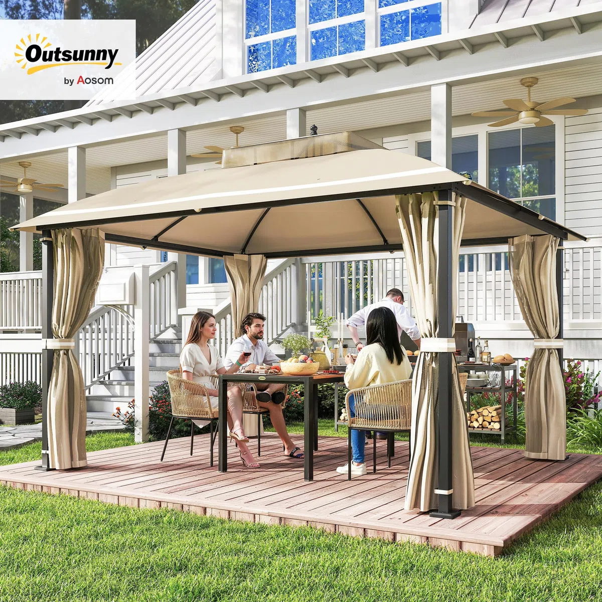 Outsunny Cenador para Jardín 3x3,7 m, Pabellón de Jardín Gazebo con Doble Techo, Paredes Laterales, Mosquiteras, Marco de Metal, Resistente al Agua, Anti-UV, Carpa para Exterior, Terraza, Patio, Beige