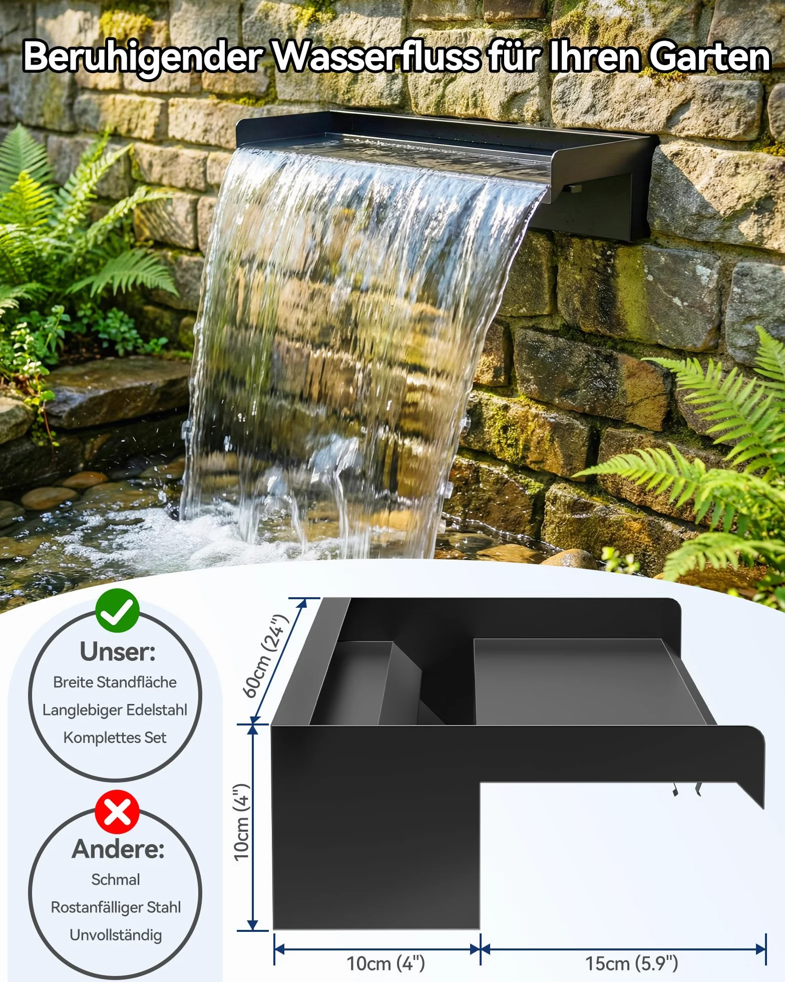 POPOSOAP Kit de Cascada para Estanque, Desagüe de Acero Inoxidable 60cm, Bomba de Agua 4500 L/h, Luces LED con Mando a Distancia y Tubo Corrugado 3m, Adecuado para Estanques Exteriores hasta 12 m²