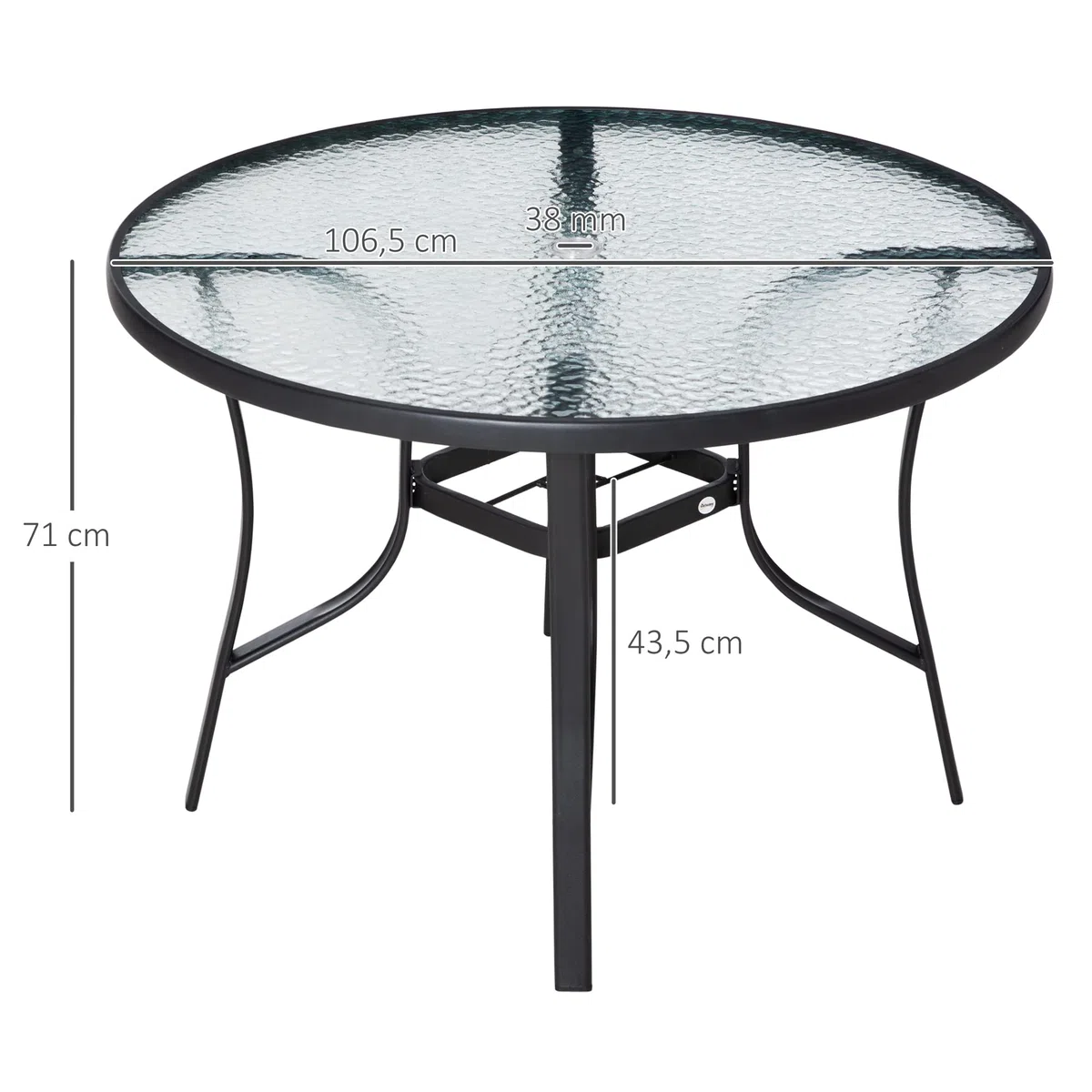 Outsunny Mesa de Cristal de Jardín con Agujero para Sombrilla Mesa para Comer Redonda con Marco de Acero para Exterior Terraza Balcón Ø106,5x71 cm Negro