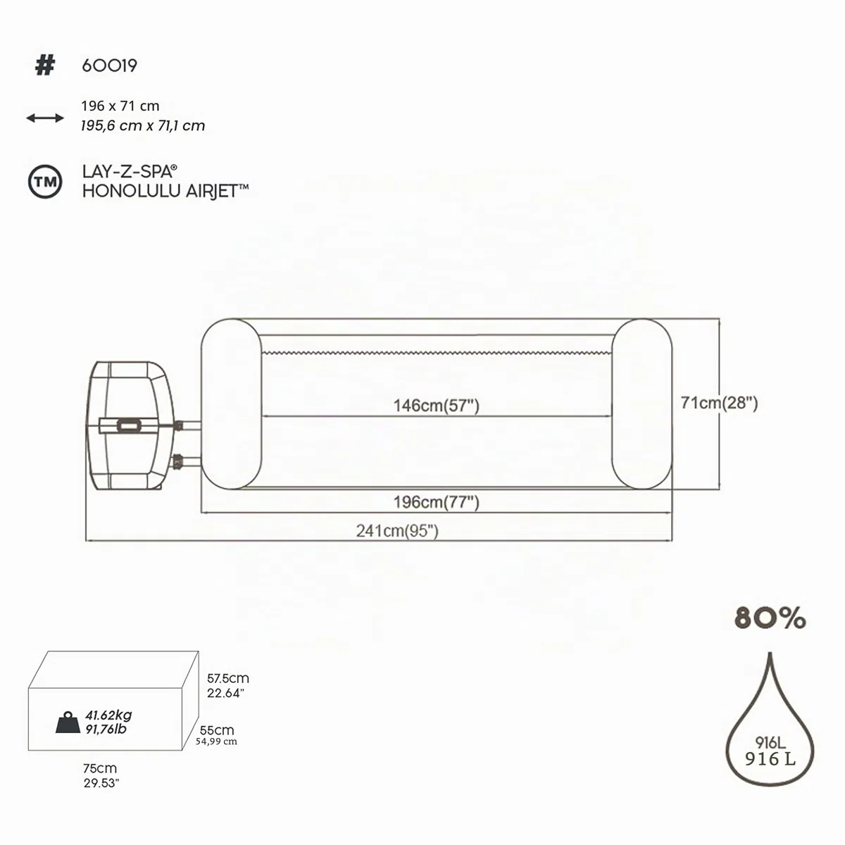 BESTWAY - SPA Hinchable Lay-Z-SPA Honolulu para 4-6 Personas Redondo 196x71 cm