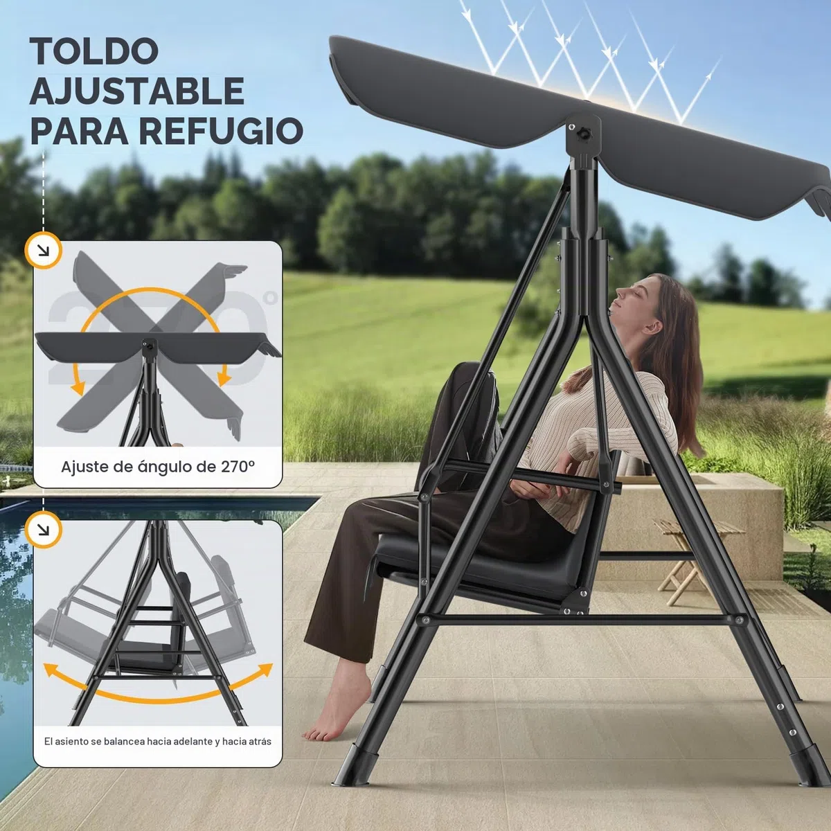 Balancín de Jardín de 3 Plazas con Toldo Ajustable para Exteriores, Columpio con Patas Antideslizantes, Banco Soporta Hasta 200 kg, Tumbona para Terraza, Color
