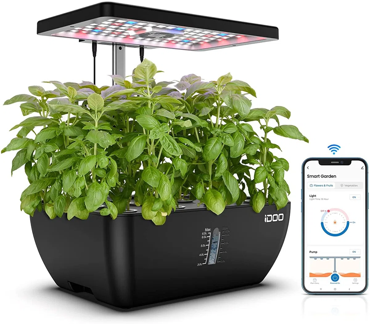 iDOO Smart Garden, Sistema de Cultivo Hidropónico con WiFi, Tanque de Agua de 6.5 L, Lámpara LED de Planta, Ventilador, 12 Vainas Huerto Interior, Altura Ajustable Jardín WiFi Inteligente