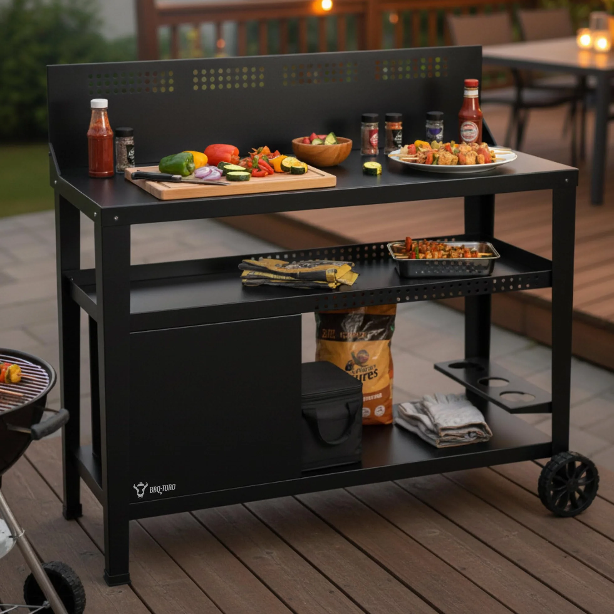 BBQ-Toro Carro Parrilla 125 x 57 x 104 cm | Negro | Mesa Grill con Gran Superficie Trabajo | Mesa Auxiliar BBQ con Paraviento | Trolley Exterior | Carro Servicio con Estante