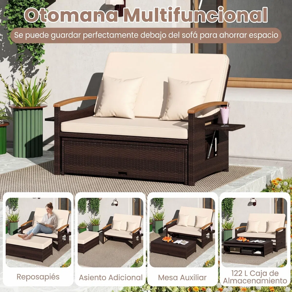 COSTWAY Sofa Exterior de Ratán con Reposapiés de Almacenamiento, 2 Plazas Tumbona Acolchado, Cama Respaldo Ajustable de 4 Niveles, Bandejas Laterales Retráctiles, Tumbona Doble de Ratan (Marrón)