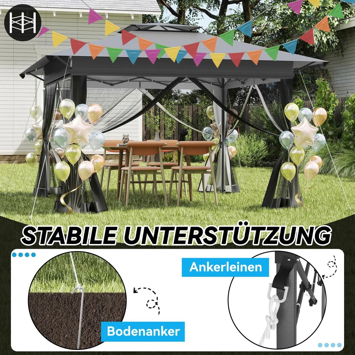 Cenador de jardín, 4 x 4 m, resistente al agua, protección UV, estable, plegable, 3 niveles, altura regulable, con 4 mosquiteros, laterales y doble techo, incluye bolsa de transporte, color antracita