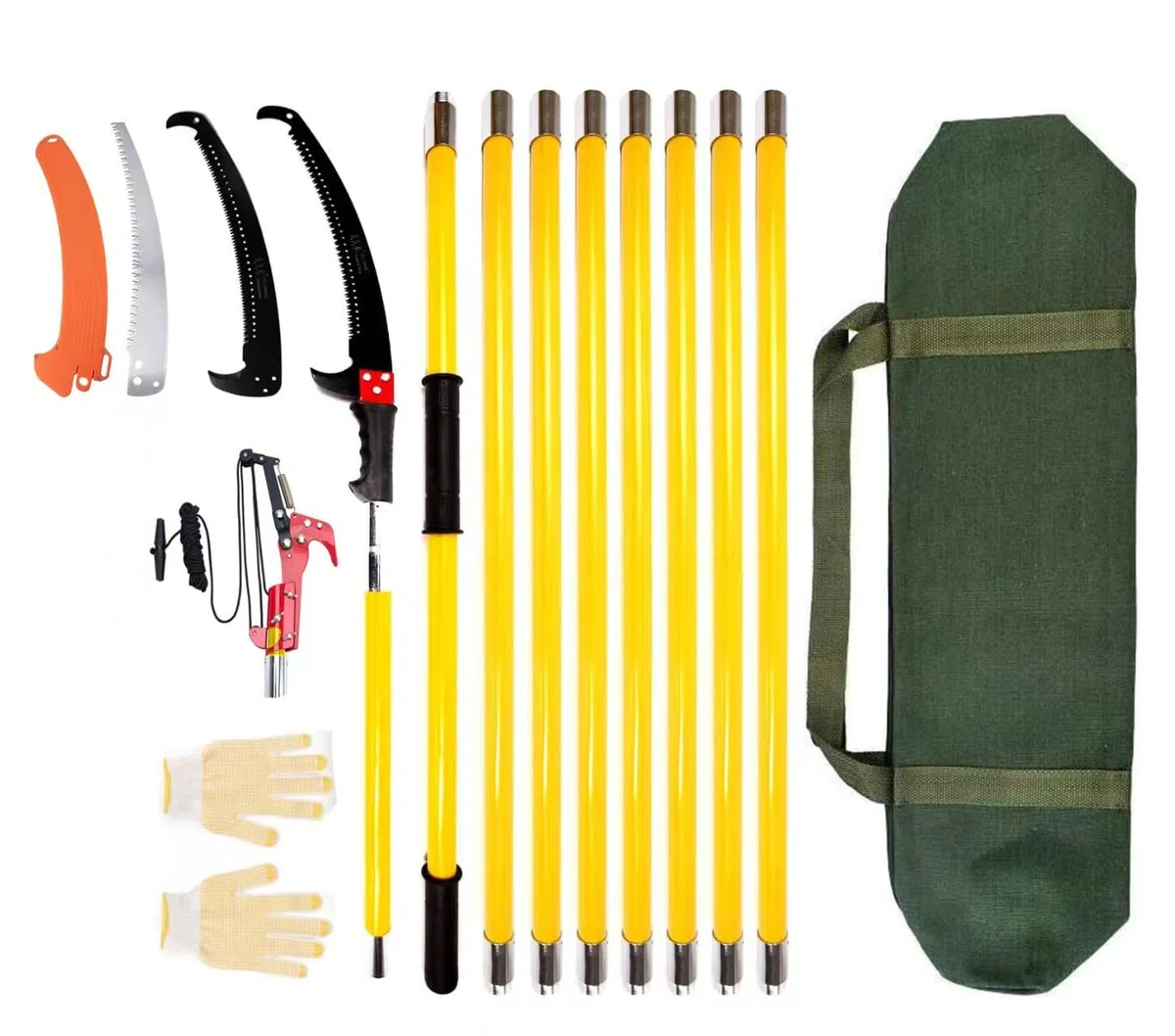 Sierra de podar para árboles de 9 m, sierra manual de resorte mejorada para herramientas de jardín, podadoras, sierras de poste de mano, altura extensible y bolsillo de almacenamiento