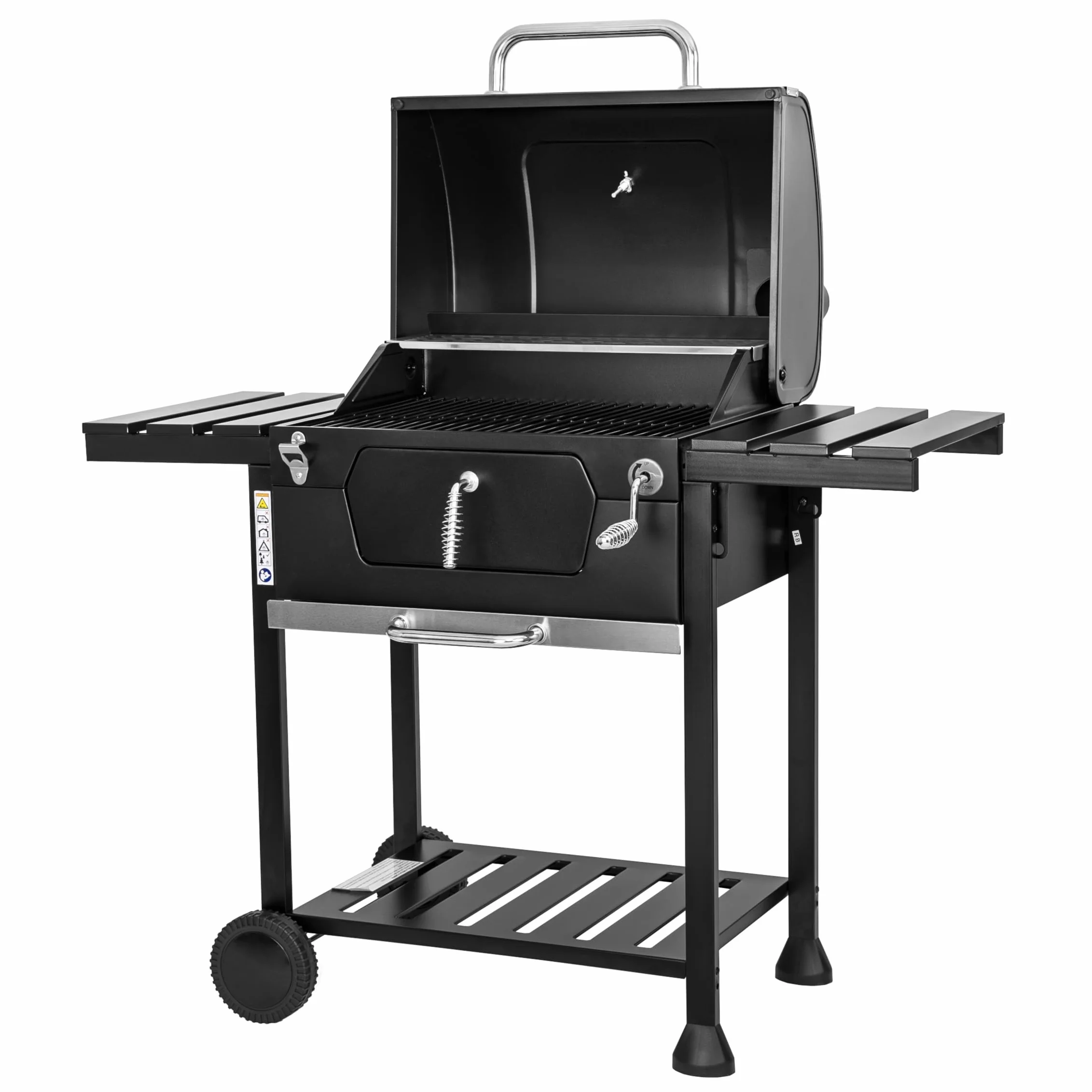 MasterCook Barbacoa de carbón de acero con ruedas resistente y estable con doble parrilla, termómetro y ajuste de la cesta de barbacoa, barbacoa de carbón con estantes laterales