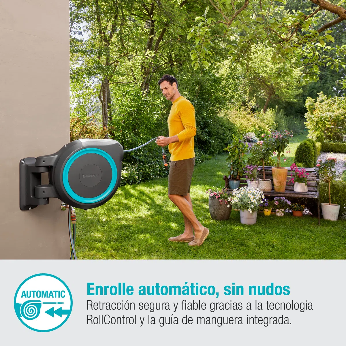 Gardena Carrete de Manguera para Pared Rollup M/L (Turquesa) de 25 M: Riego Flexible Jardines Grandes/Medianos, Carrete Giratorio, Incluye Manguera Calidad Gardena 25M y Auxiliar de Montaje (18620-20)