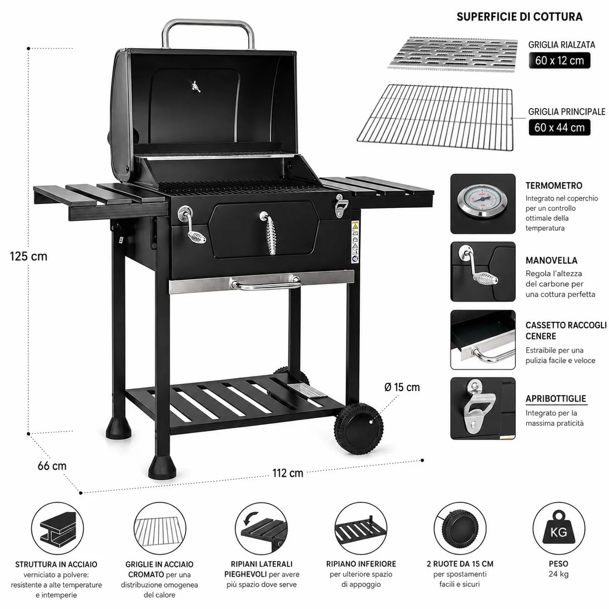 MasterCook Barbacoa de carbón de acero con ruedas resistente y estable con doble parrilla, termómetro y ajuste de la cesta de barbacoa, barbacoa de carbón con estantes laterales