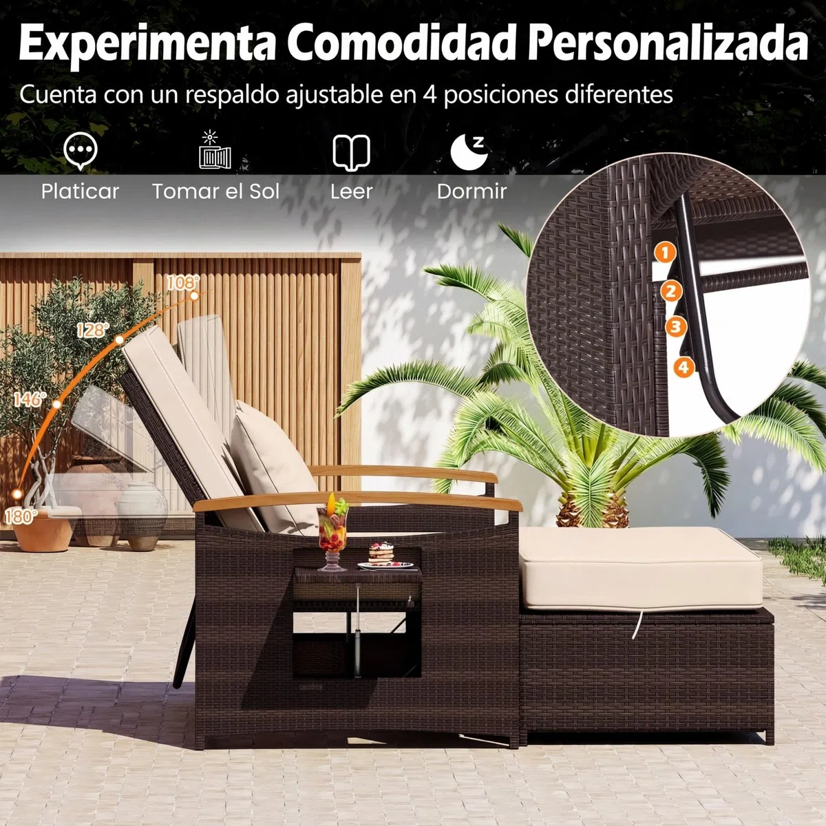COSTWAY Sofa Exterior de Ratán con Reposapiés de Almacenamiento, 2 Plazas Tumbona Acolchado, Cama Respaldo Ajustable de 4 Niveles, Bandejas Laterales Retráctiles, Tumbona Doble de Ratan (Marrón)