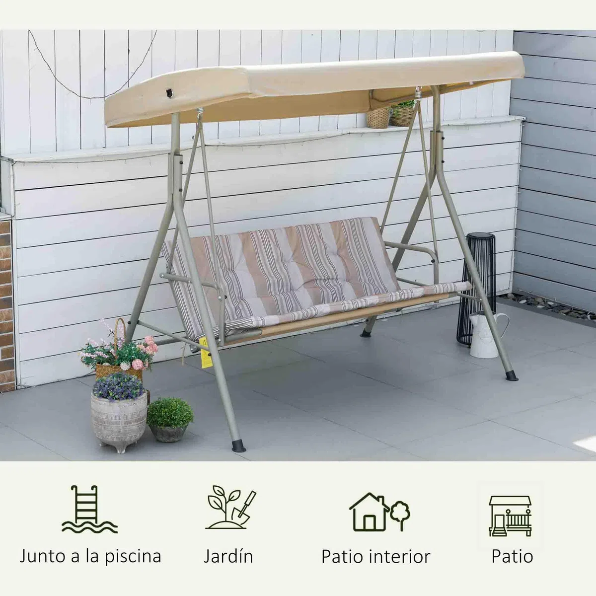 Outsunny Columpio de Jardín Exterior de 3 Plazas, Balancín de Jardín Exterior con Techo Ajustable y Marco de Acero, para Balcón, Terraza, Patio, Carga 210 kg, 172x110x156 cm, Marrón Claro
