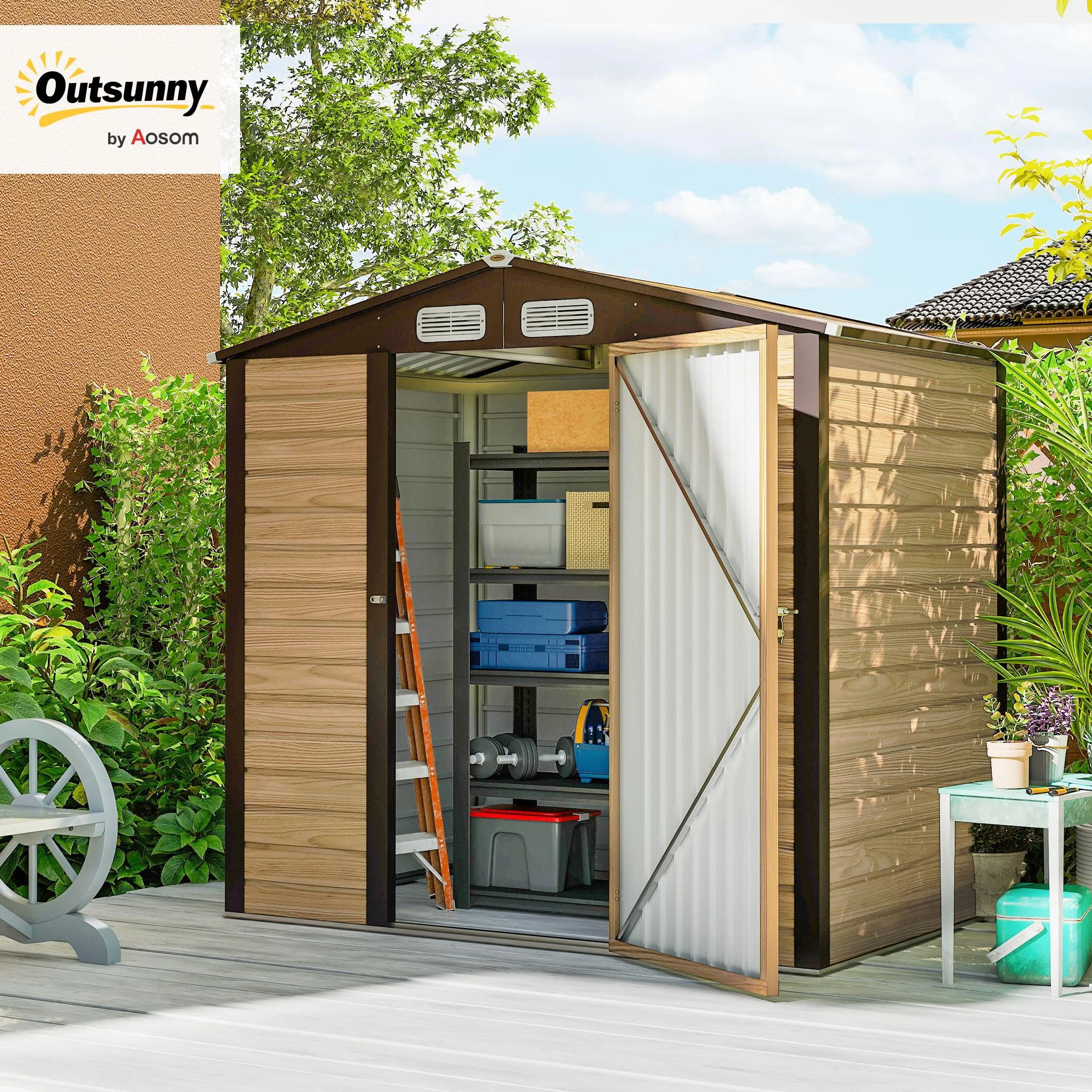Outsunny Caseta de Jardín Exterior, 2,27 m² 190x131x188 cm, Cobertizo de Jardín Exterior Metálico con 2 Ventilaciones, Puerta con Cerradura, para Almacenamiento de Herramientas, Roble