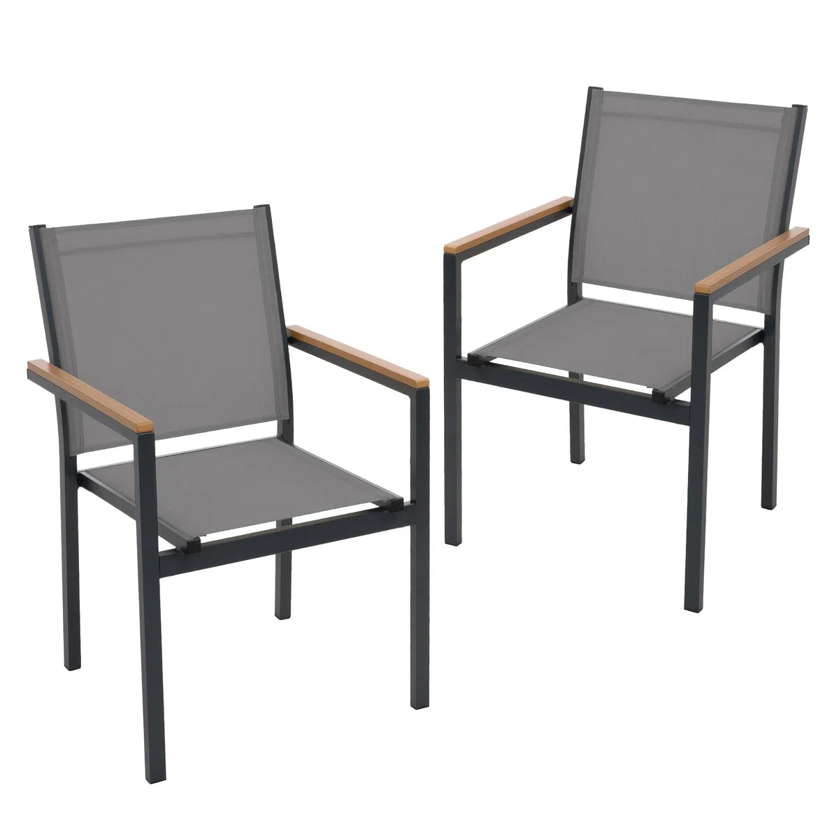 ML-Design Juego 2X Sillas de Jardín Gris Oscuro Asiento de Textilene para Terraza, Aspecto Madera y Estructura de Aluminio con Reposabrazos y Respaldo Mueble Apliable Resistente a la Intemperie