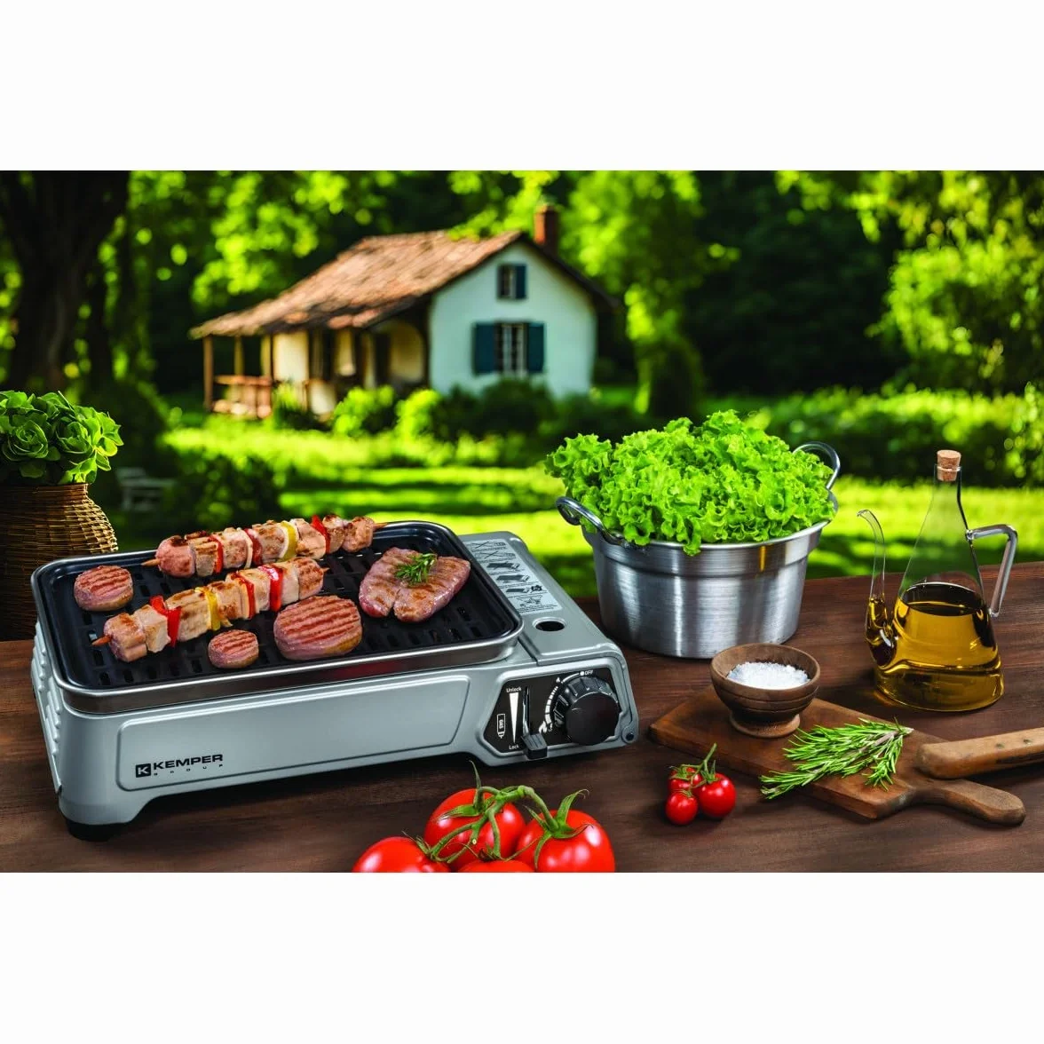 Kemper barbacoa de Gas, portátil, 1,9 kW, rejilla antiAdherente + 4 cartuchos de gas para acampada