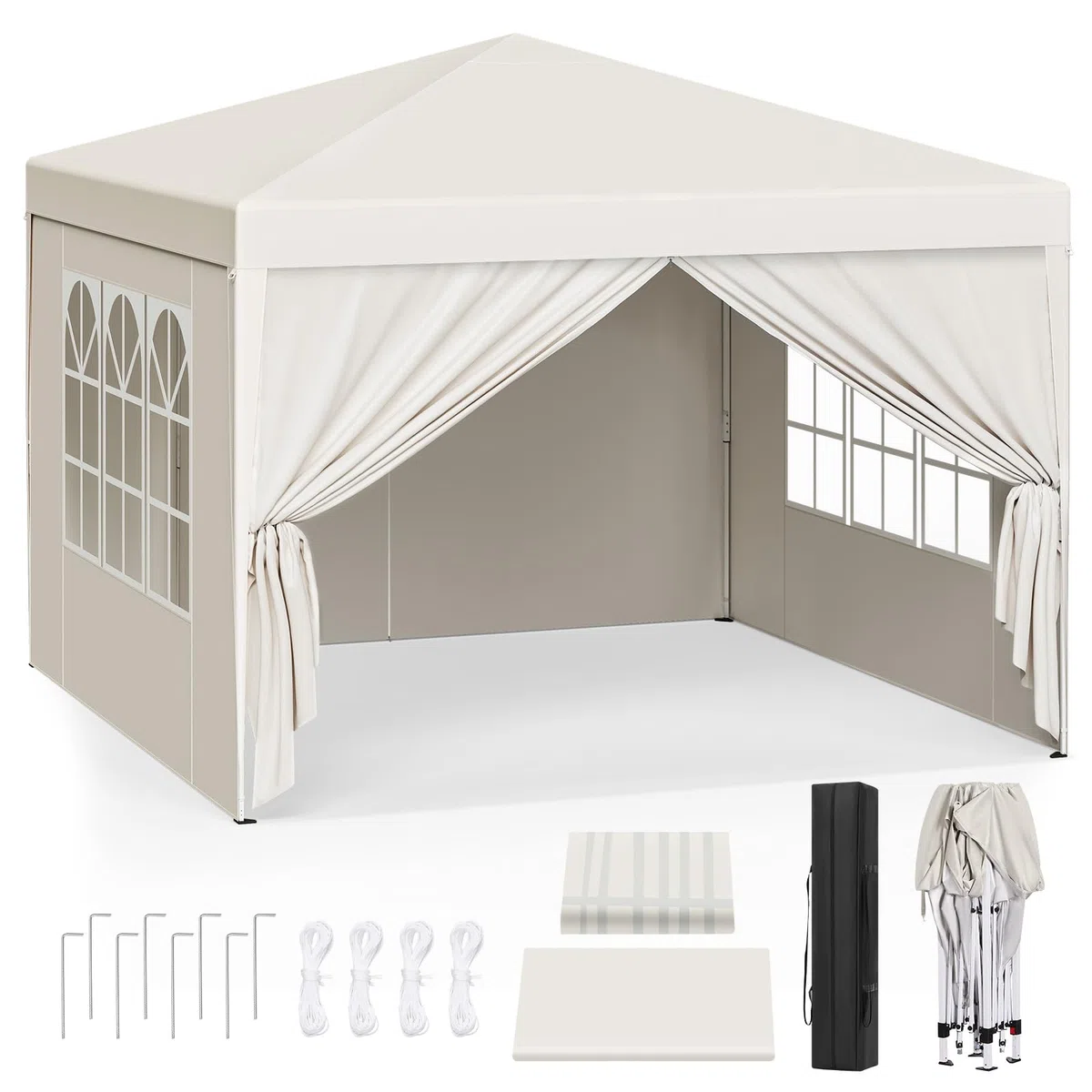 WOLTU Pabellón de Jardín Cenador Pérgola con Diseño Pop Up Carpa con Cubierta Tela Oxford Hecho de Tubos Metálicos, para Camping y Playa, Blanco, Beis