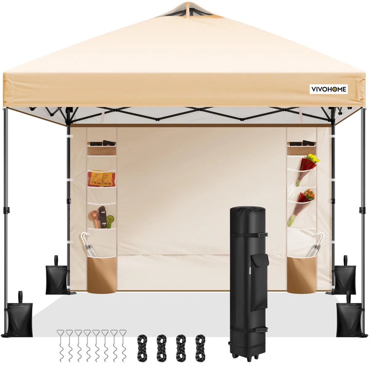 VIVOHOME Carpa Plegable 3x3m Cenador de Jardín con Pared Lateral Altura Ajustable Impermeable Anti-UV Gazebo con Ventilación para Playa 4 Bolsas de Arena con Ruedas para 8-10 Personas