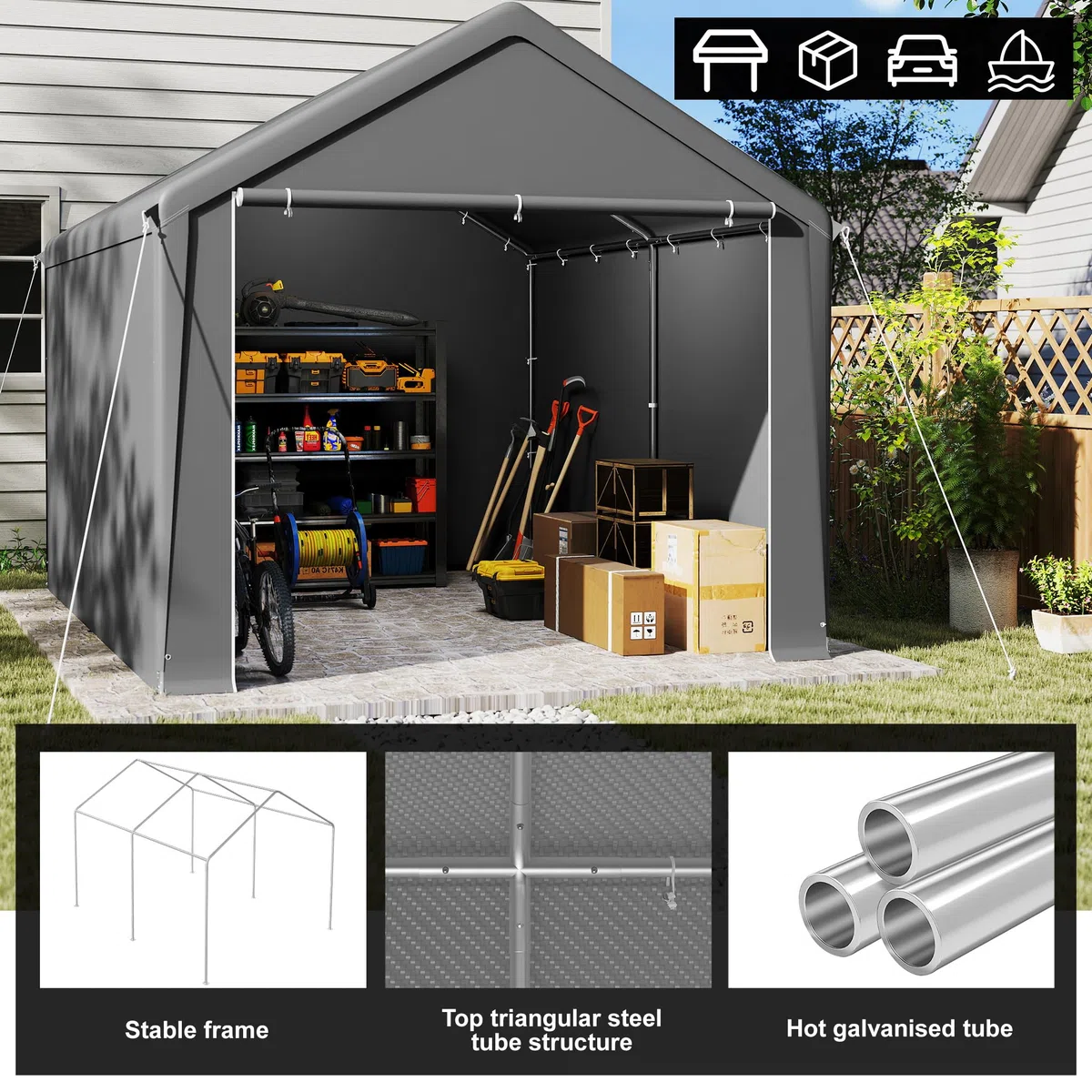 UISEBRT Tienda de almacén, 3 x 4 m, impermeable, con robusto toldo de PE y estructura de acero, ideal como garaje para herramientas, herramientas de jardín, paletas (gris)