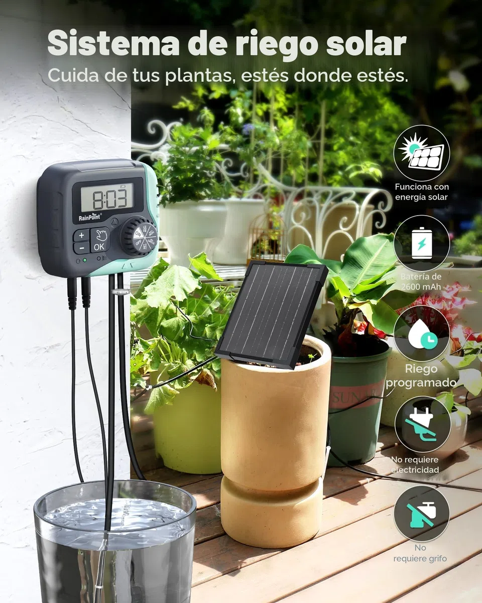 RAINPOINT Kit de Riego por Goteo Automático Solar, Sistema de Riego Automático de 45L/H con Bomba Programable, Batería de 2600mAh, para Macetas Vacaciones, Balcón, Jardín