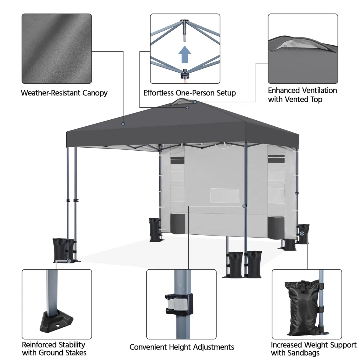Yaheetech 3x3M Carpa Pop-Up con Botón Central con Pared Lateral de 9 Bolsillos de Almacenamiento, 1 Bolsa con Ruedas y 4 Sacos de Arena para Playa, Patio, Camping y Jardín, Gris Oscuro