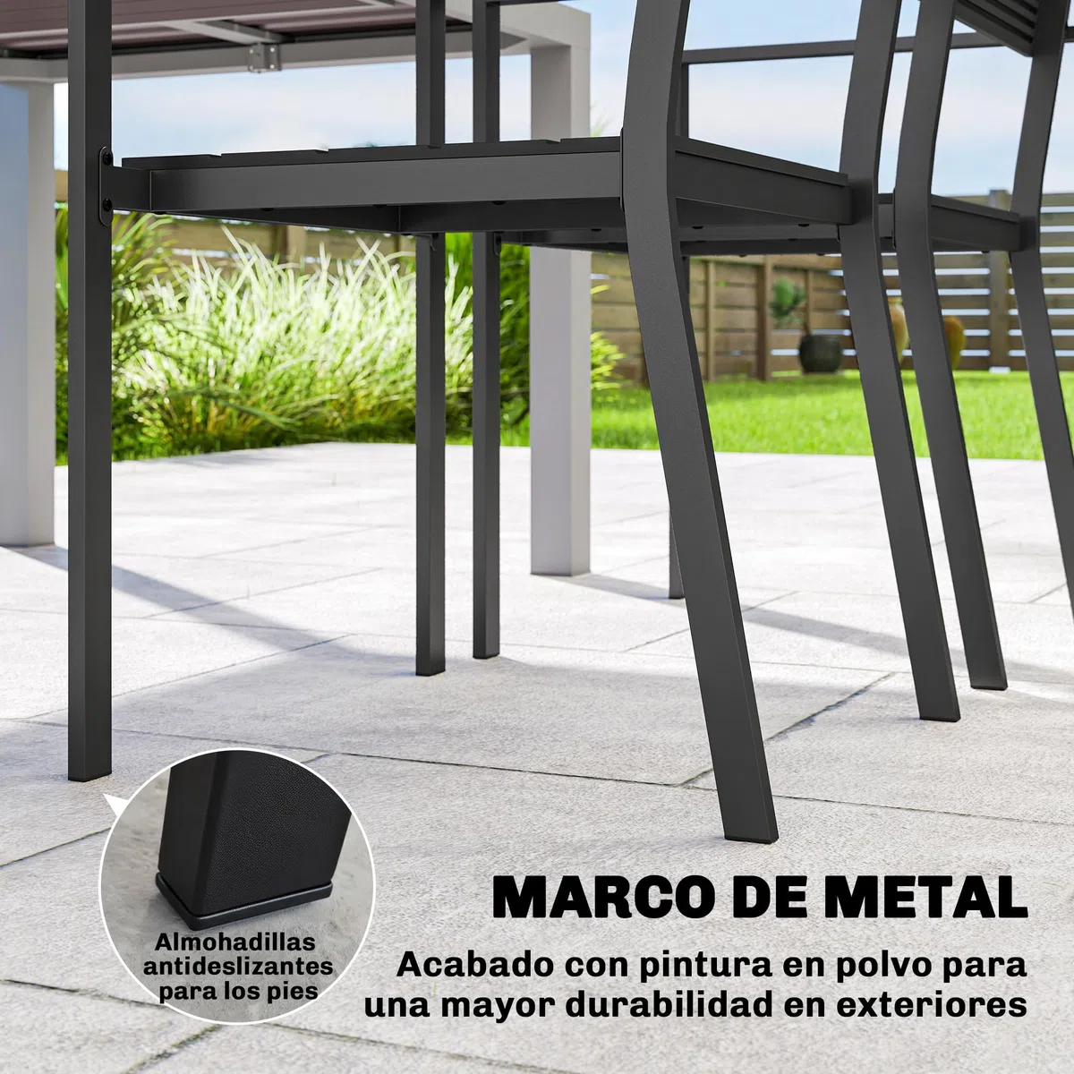 Outsunny Juego de 4 Sillas de Jardín Exterior Apilables, Sillas Terraza Exterior con Reposabrazos, Asiento y Respaldo de HDPE con Listones, Estructura Metálica Resistente, 52x51x90 cm, Negro