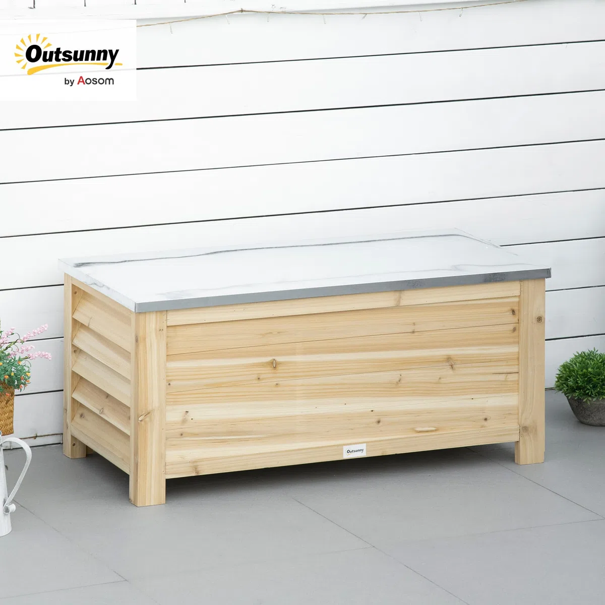 Outsunny Arcón de Jardín Exterior Carga 155L Baúl de Almacenaje Exterior de Madera con Tapa de Metal Galvanizado y Diseño con Listones para Jardín Terraza Balcón 110x50x50 cm Natural