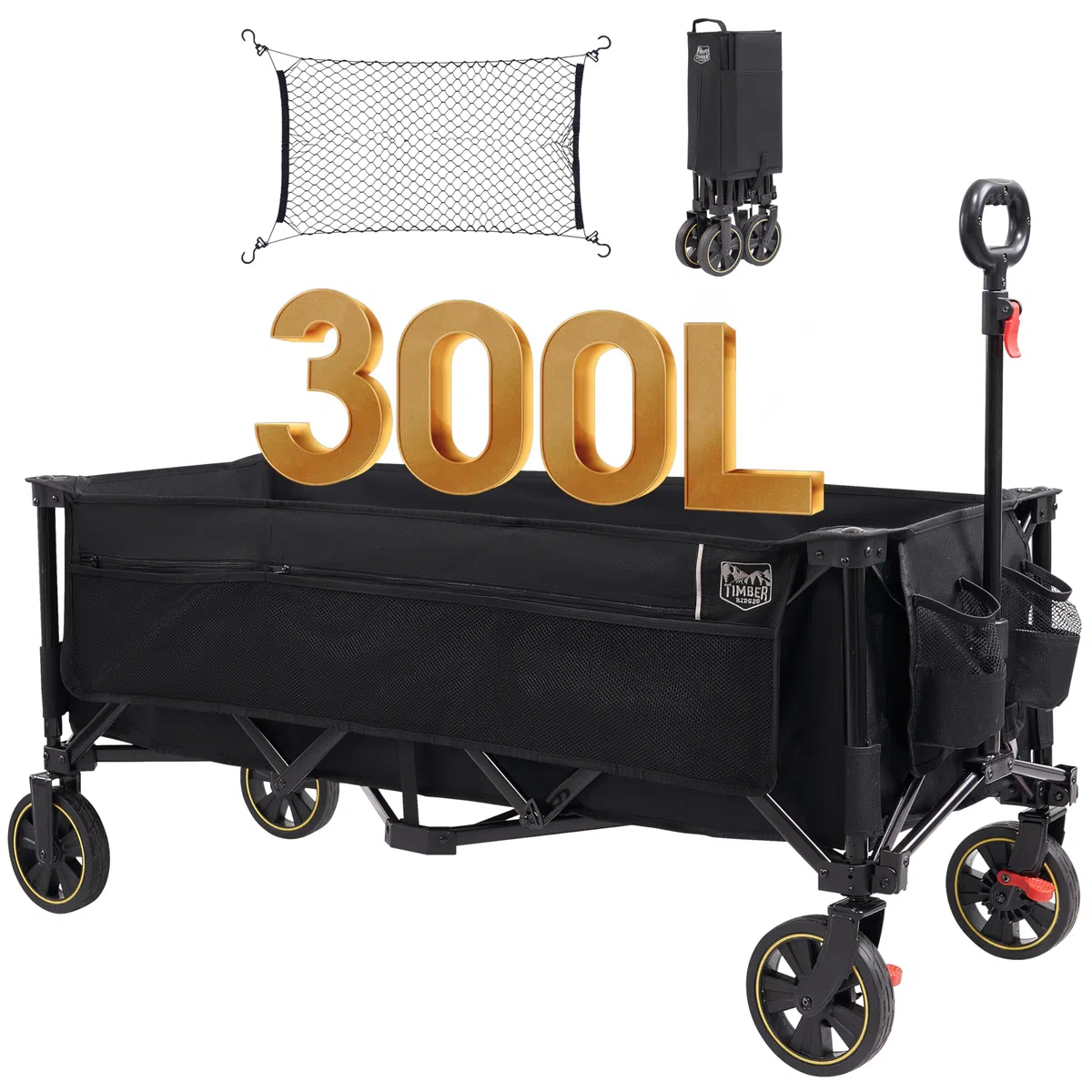 Timber Ridge XXXL Carro Plegable 300L 160KG con Freno Redes anticaída Carro de Transporte Bolsillo Lateral Portabebidas, Asa Ajustable, Carro de jardín, Carro de Playa para Todos los terrenos