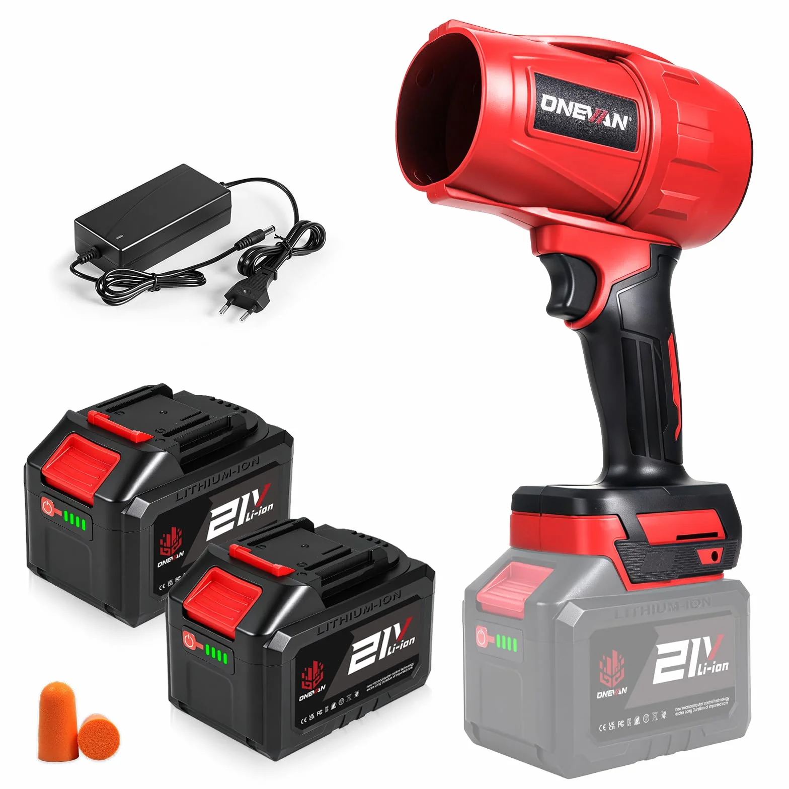 ONEVAN Turbo Soplador Bateria, 600km/h Soplador de Hojas sin Escobillas con 2 Baterías 4.5Ah y Cargador 1.2A, Fuerza de Soplado 1.5 kg, Soplador de Aire Potente Jardin para Hojas, Polvo y Nieve