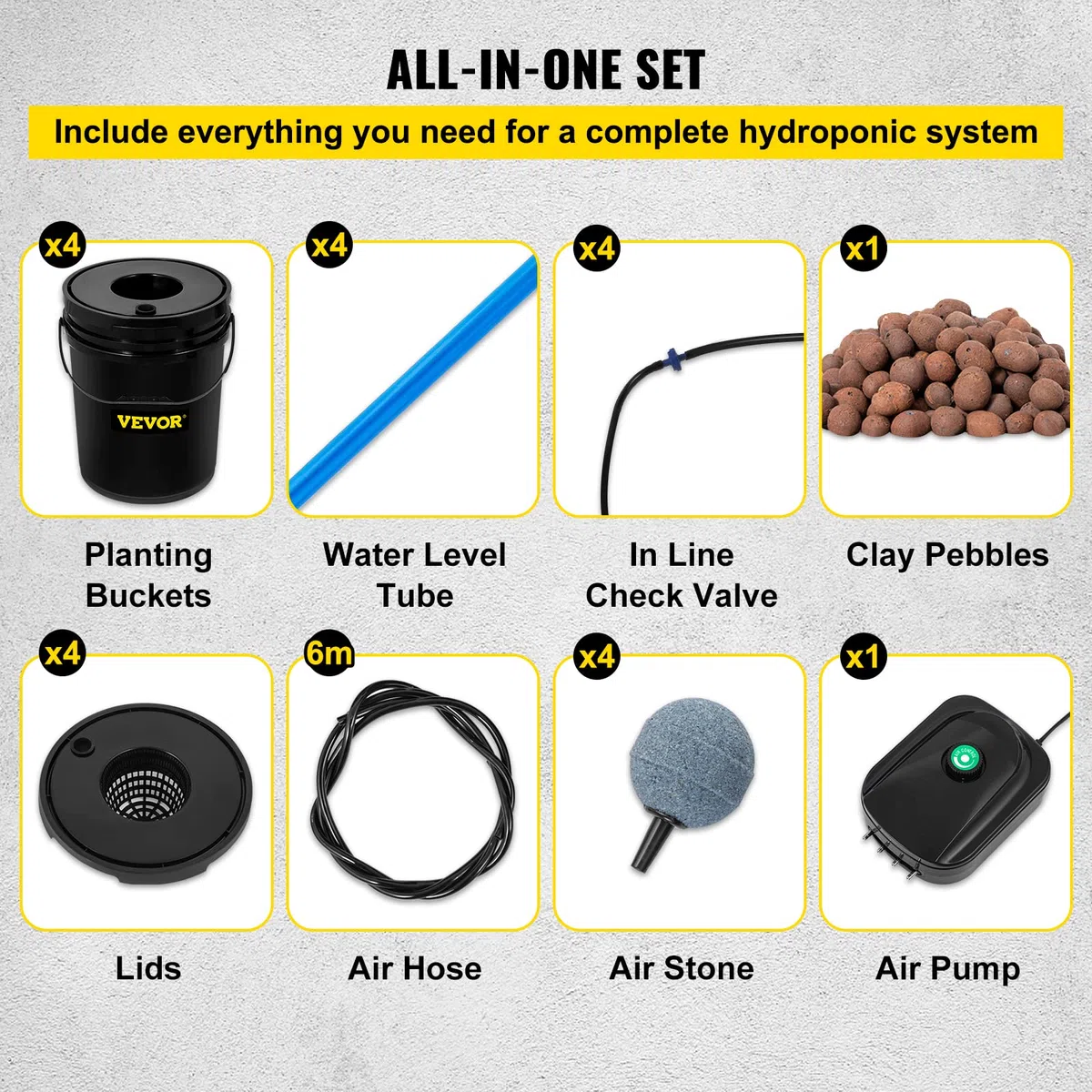 VEVOR DWC Sistema de Cultivo Hidropónico Kit de Cultivo de Agua Profunda de 20 L 4 Cubos con Bomba de Aire Piedras de Aire Dispositivo de Nivel de Agua Sistema Hidropónico DWC para Vegetales de Hoja