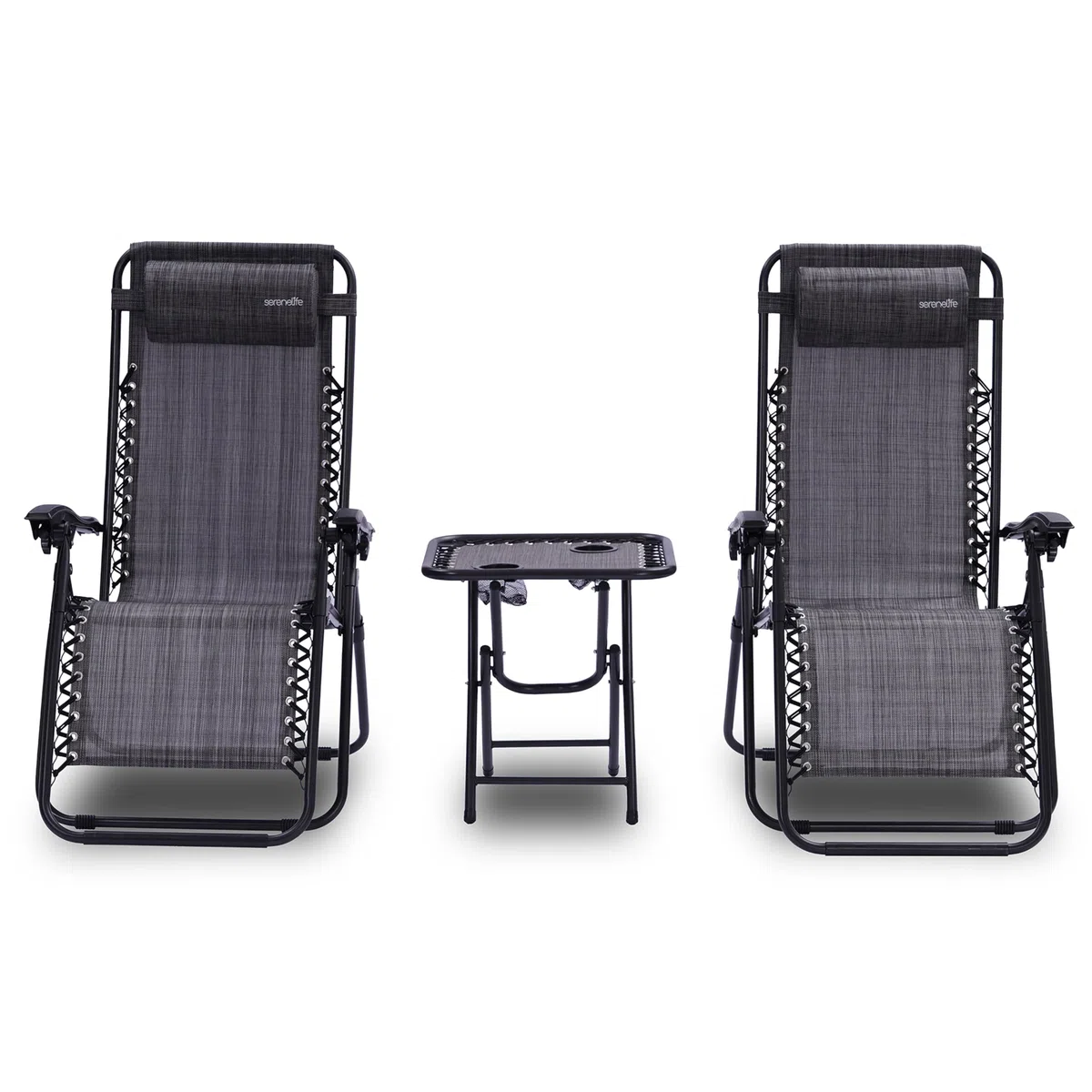 SereneLife sillas reclinables de Exterior, Set de 2, Tumbonas de Malla de Acero, con Almohada Desmontable, Portavasos, Plegables, Ajustables, Portatiles, Zero Gravity, Camping, Patio, Piscina o Playa